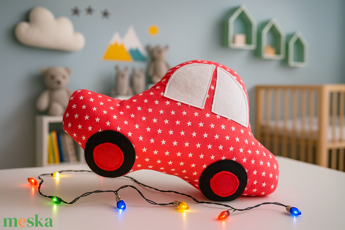 Autó formájú párna - piros csillagos autó - Autós díszpárna - Autó párna - Textiljáték - Textilfigura - játék & sport - plüssállat & játékfigura - plüss autó & motor - Meska.hu