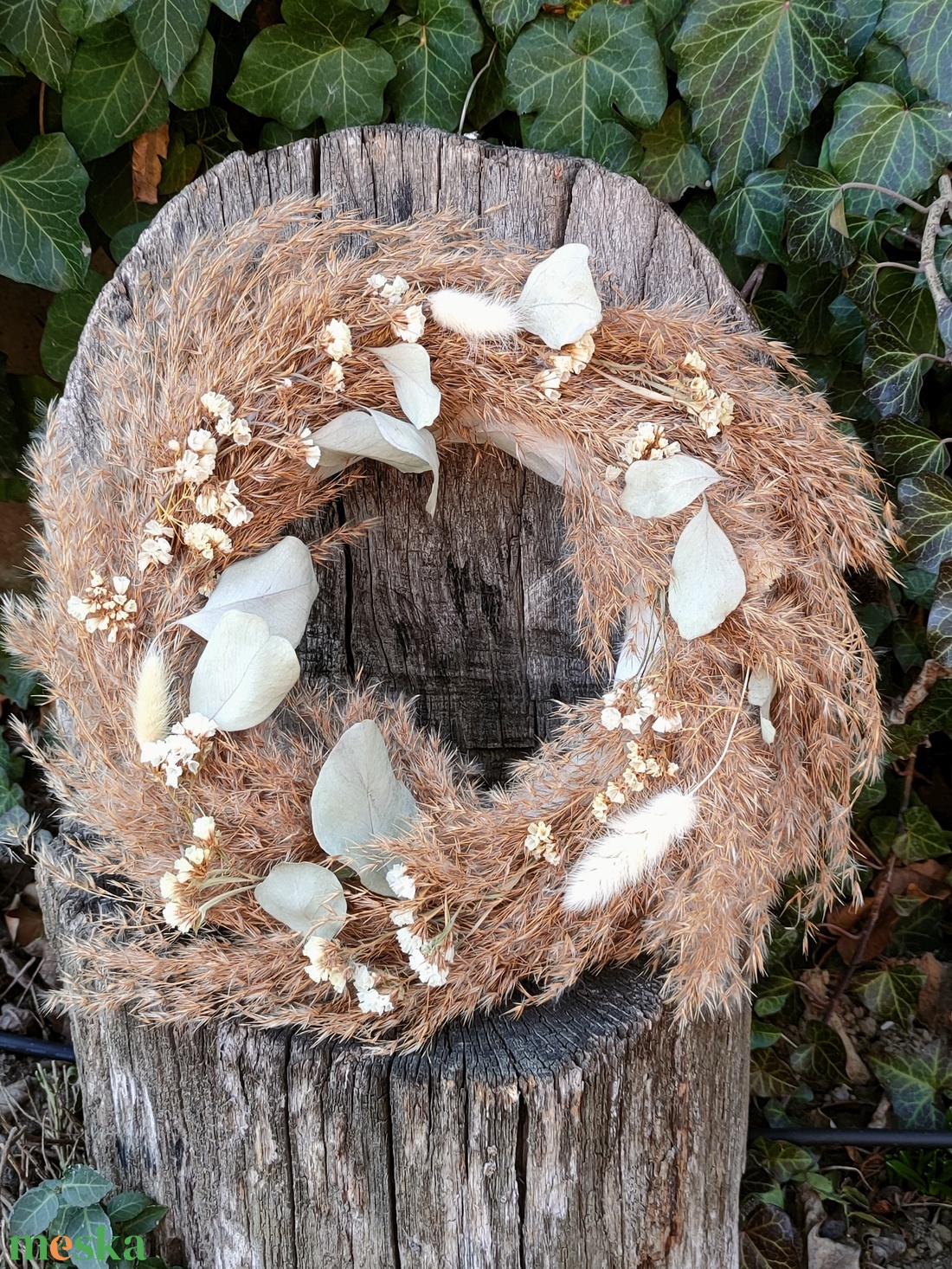 Boho natúr szárazvirág koszorú - őszi ajtódísz szárított virágokkal - natúr kopogtató igazi növényekkel - otthon & életmód - dekoráció - ajtó- és ablak dekoráció - ajtódísz & kopogtató - Meska.hu