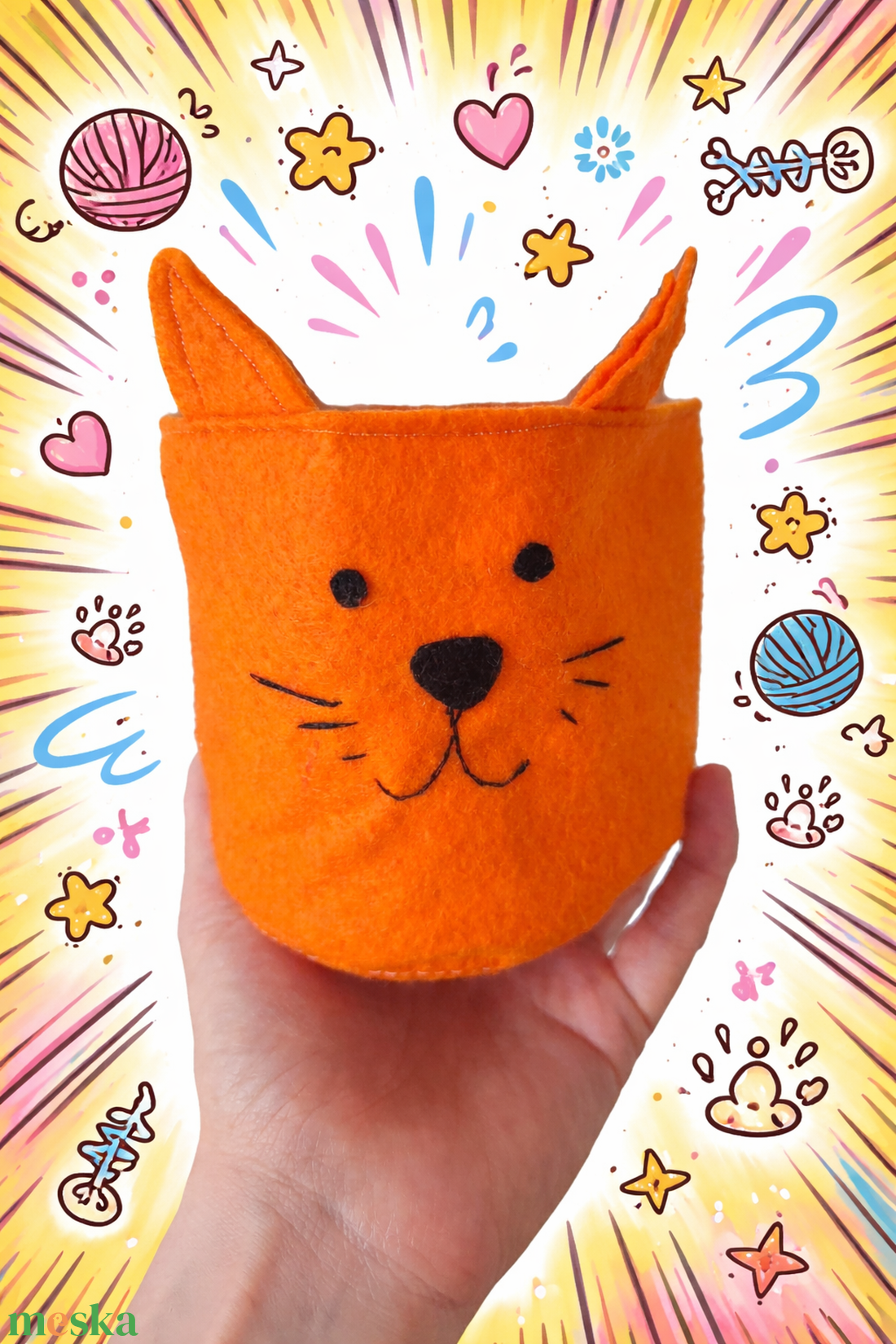 Cicás kaspó - filc kaspó takaró kosár - állatos tároló - cica formájú kosár - cica figurás dekoráció gyerekszobába - otthon & életmód - dekoráció - asztal és polc dekoráció - dekorációs tál, tartó - Meska.hu