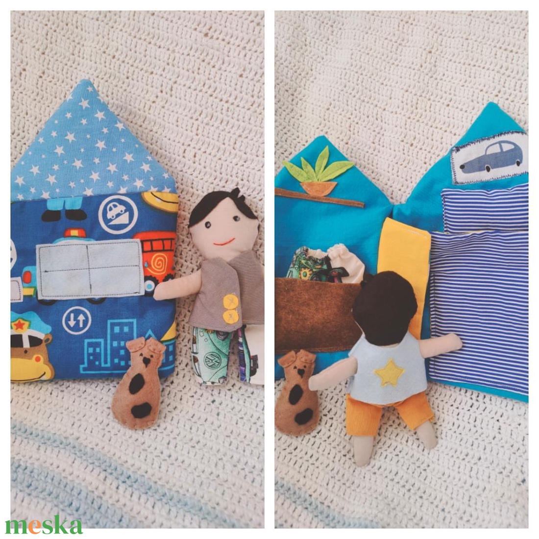 Textil babaház fiú babával, tartozékokkal - interaktív házikó - öltöztethető textil baba ruhákkal, házzal, kutyussal - játék & sport - baba & babaház - babaház - Meska.hu