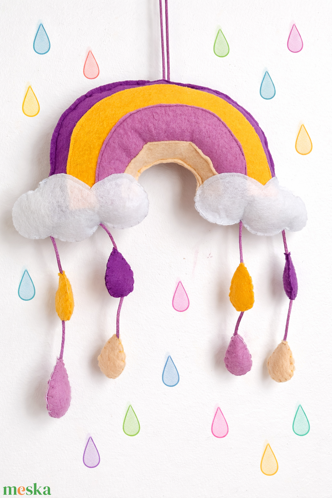 Pasztell szivárvány dekor - Lila / Mályva / Sárga - Ablakdísz - Függő dísz babaszobába - szivárvány dekor - baba - mama - babaszoba dekoráció - babaszoba füzér, girland  - Meska.hu