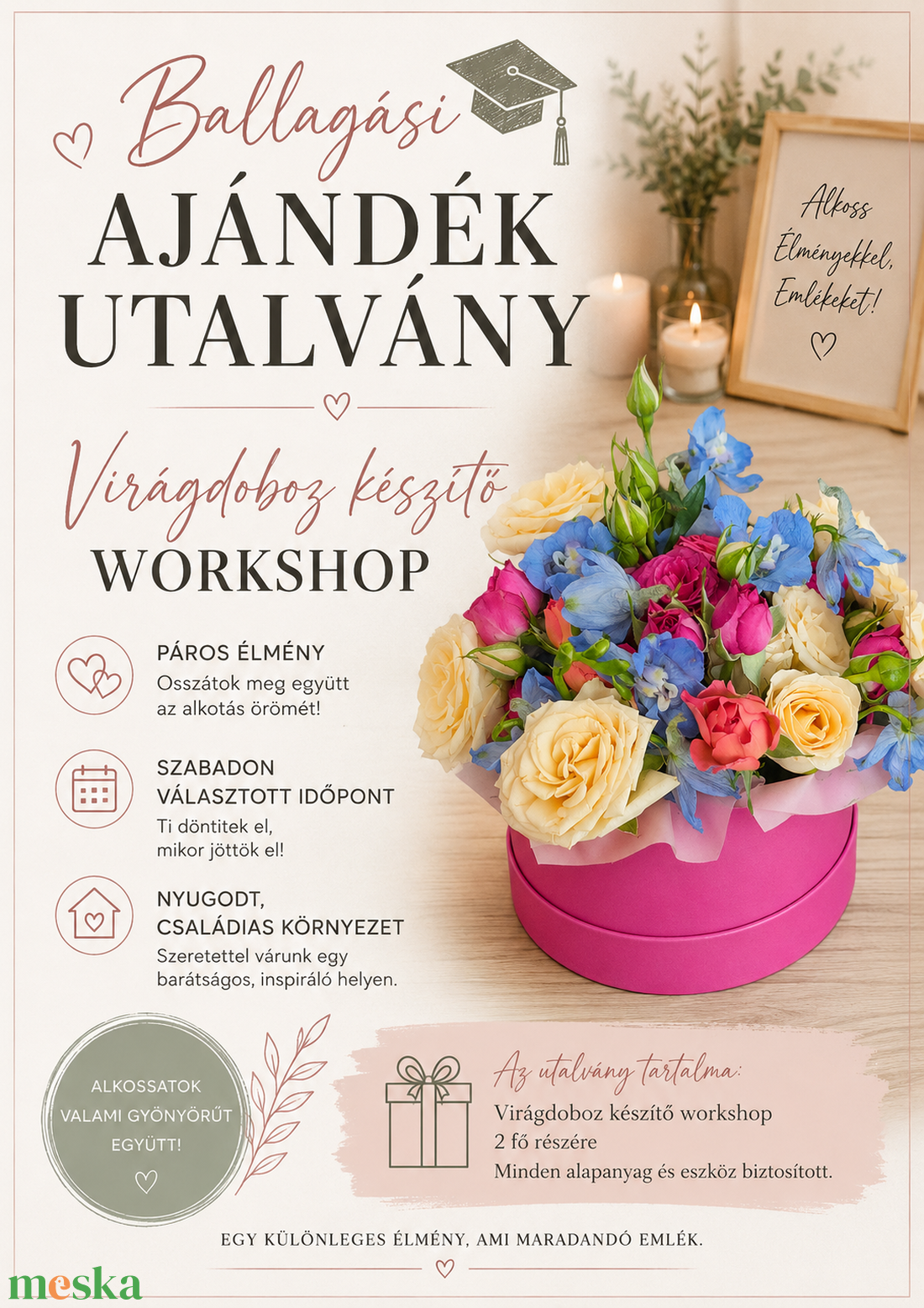 Ballagási ajándékutalvány - virágdoboz készítő workshop 2 fő részére élő virágokból  - diy (csináld magad) - workshop & tanfolyam - Meska.hu