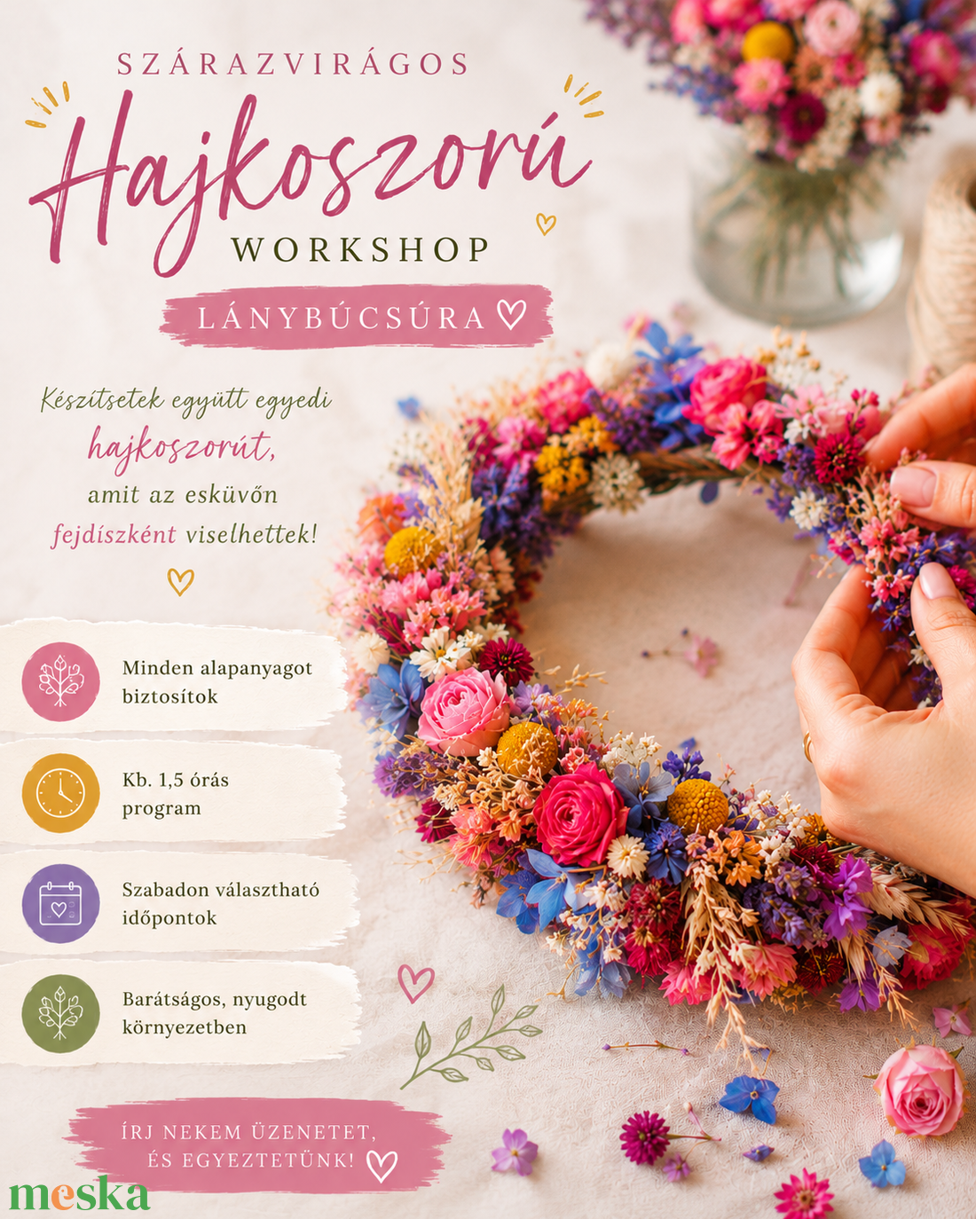 4 fős kreatív program lánybúcsúra - Szárazvirágos fejdísz készítő workshop - esküvő - lánybúcsú - Meska.hu