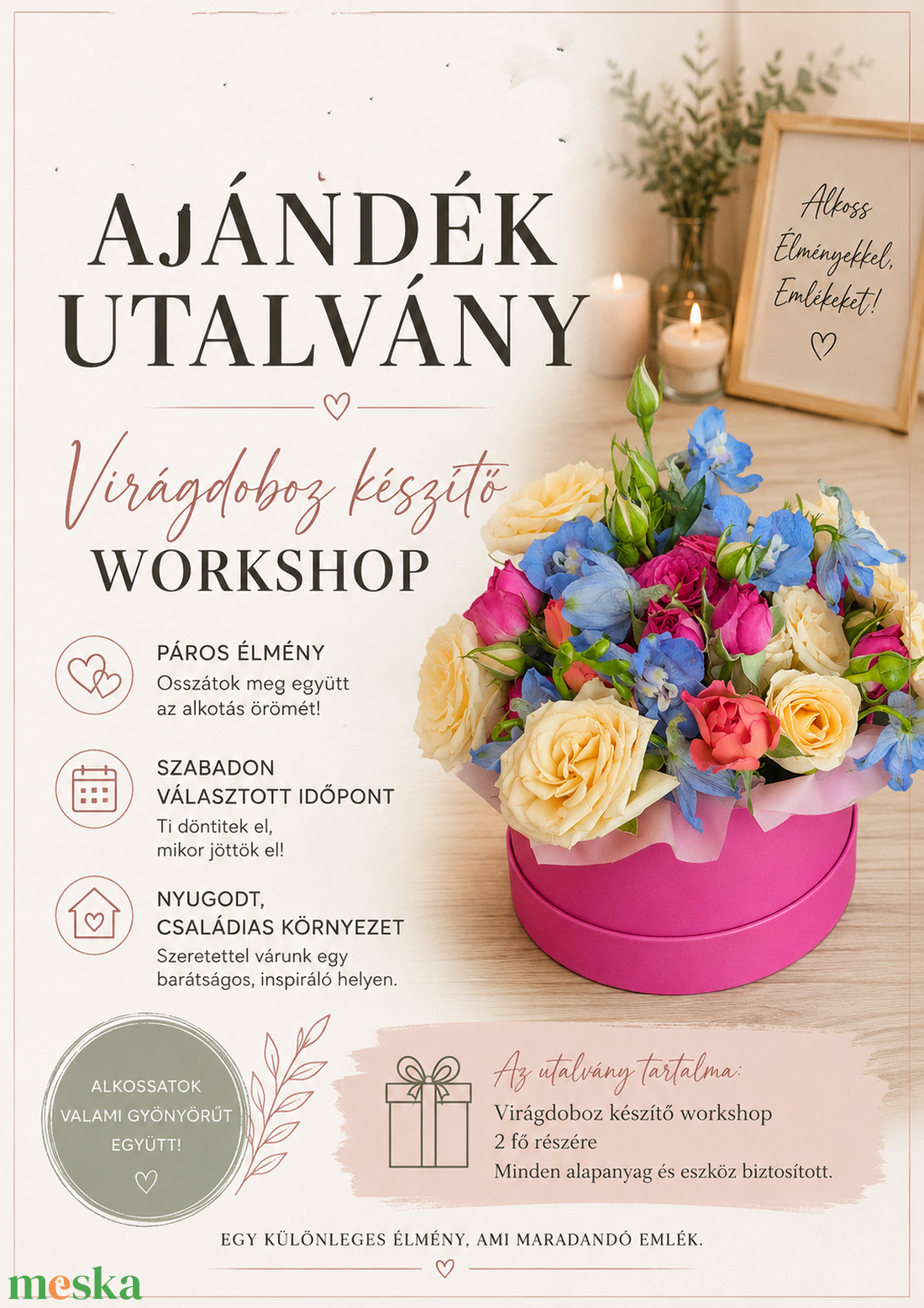 Páros ajándékutalvány - virágdoboz készítő workshop 2 fő részére élő virágokból  - diy (csináld magad) - workshop & tanfolyam - Meska.hu