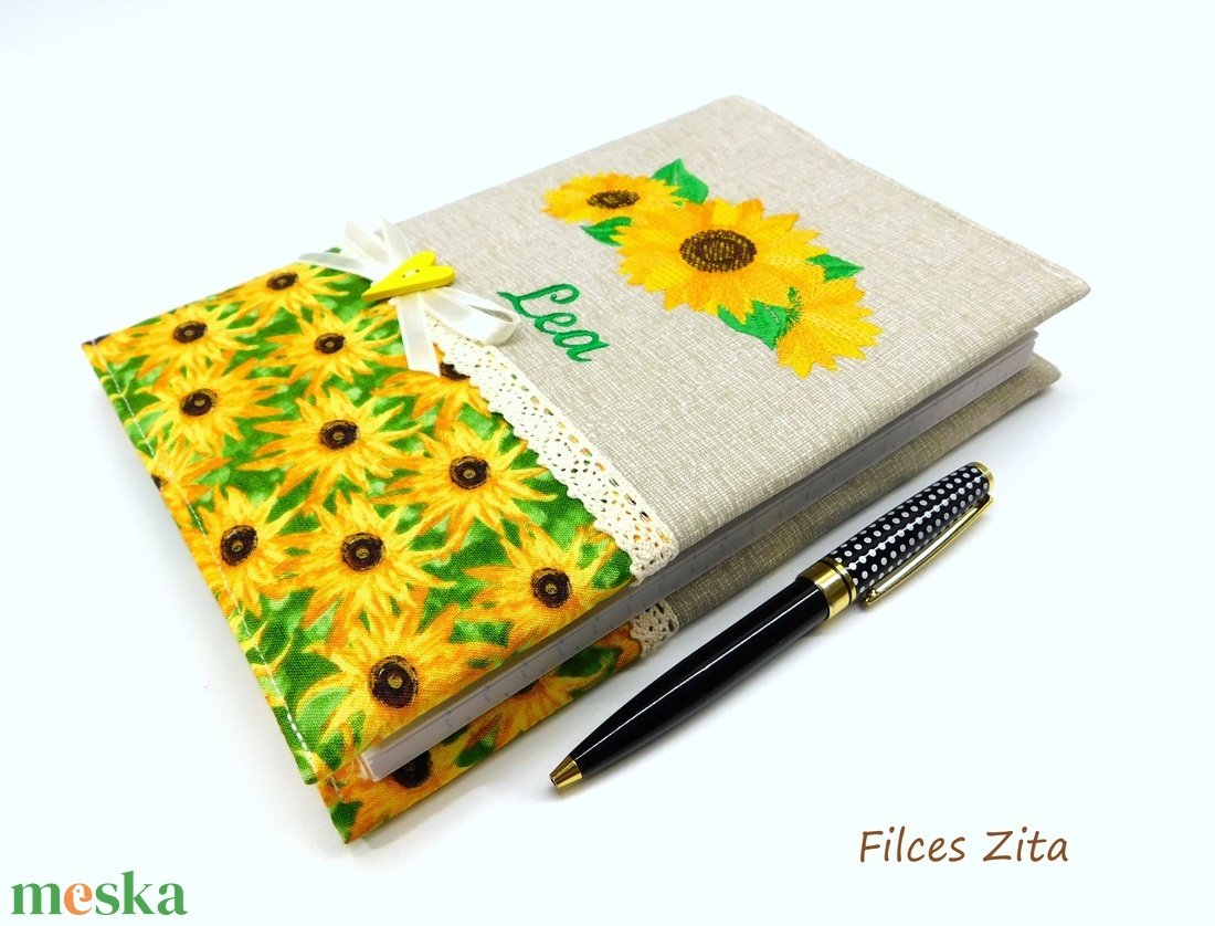 Napraforgó - névre szóló hímzett textil napló  - otthon & életmód - papír, írószer - jegyzetfüzet & napló - Meska.hu