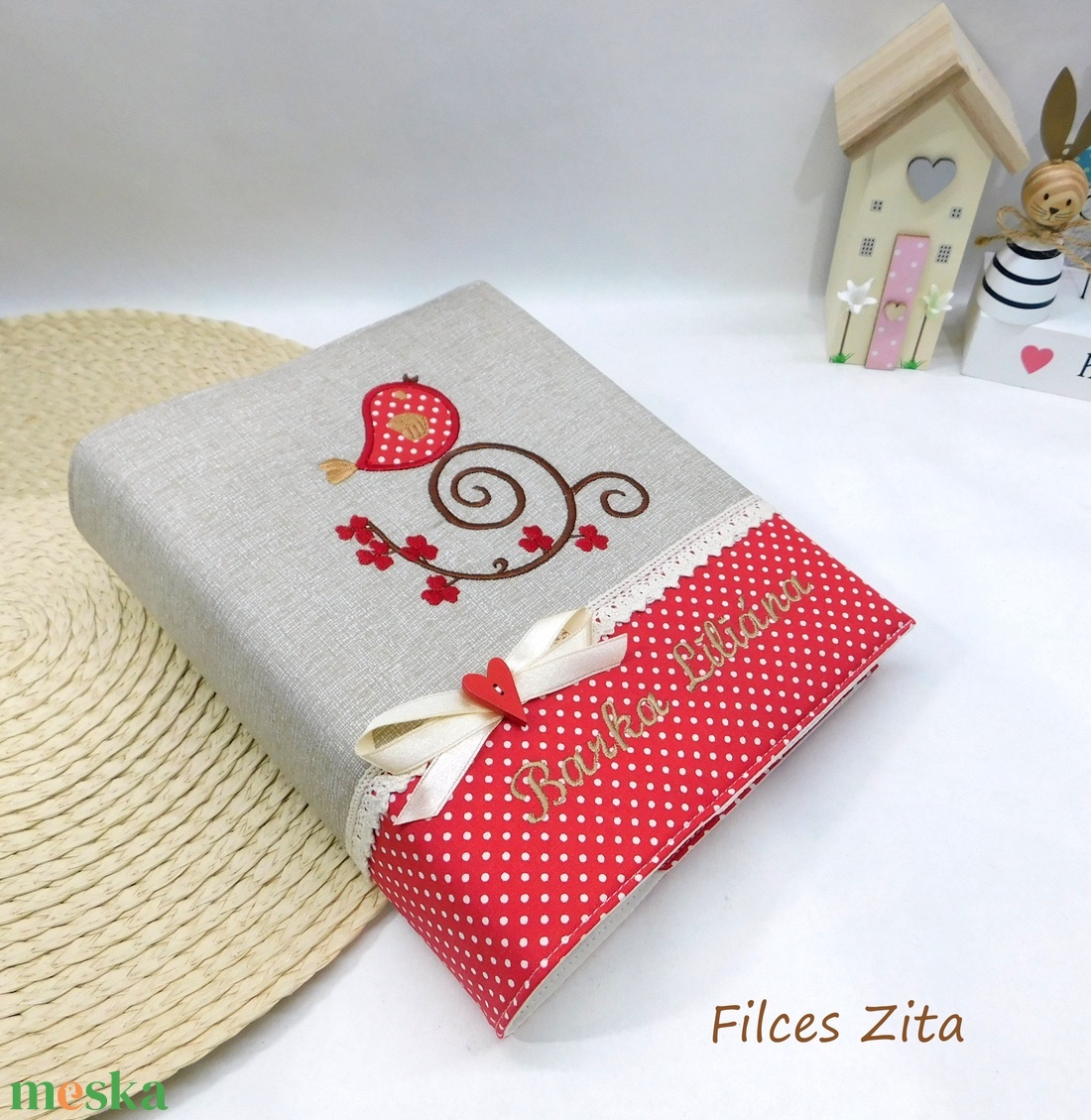 Madárkás hímzett fotóalbum - textil hímzett fényképalbum névhímzéssel - otthon & életmód - papír, írószer - album & fotóalbum - Meska.hu