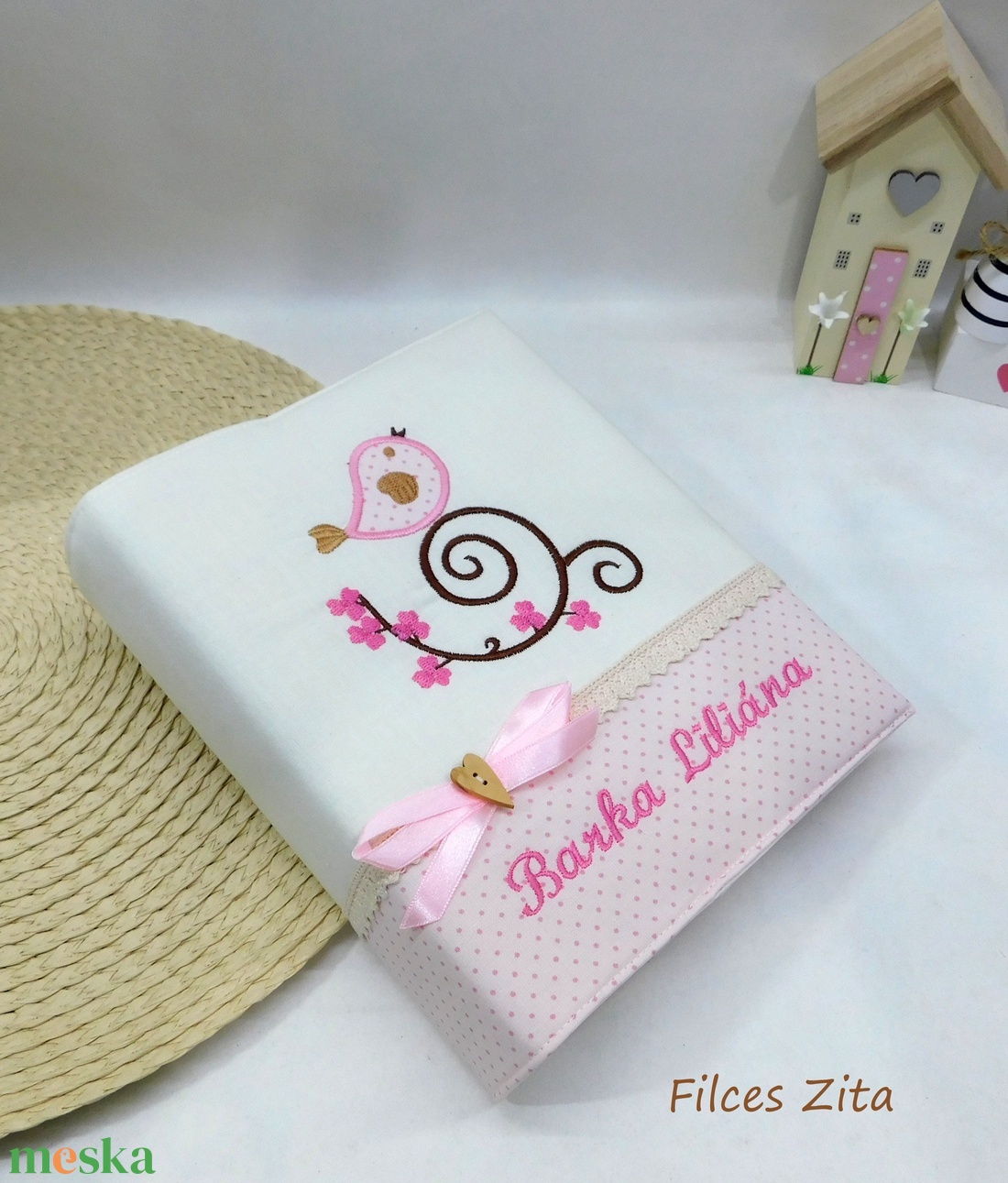Madárkás hímzett fotóalbum - textil hímzett fényképalbum névhímzéssel - otthon & életmód - papír, írószer - album & fotóalbum - Meska.hu