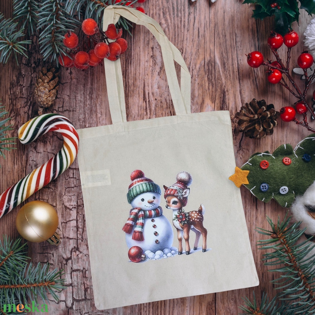 Vászontáska - hóember és őzike - táska & tok - bevásárlás & shopper táska - shopper, textiltáska, szatyor - Meska.hu