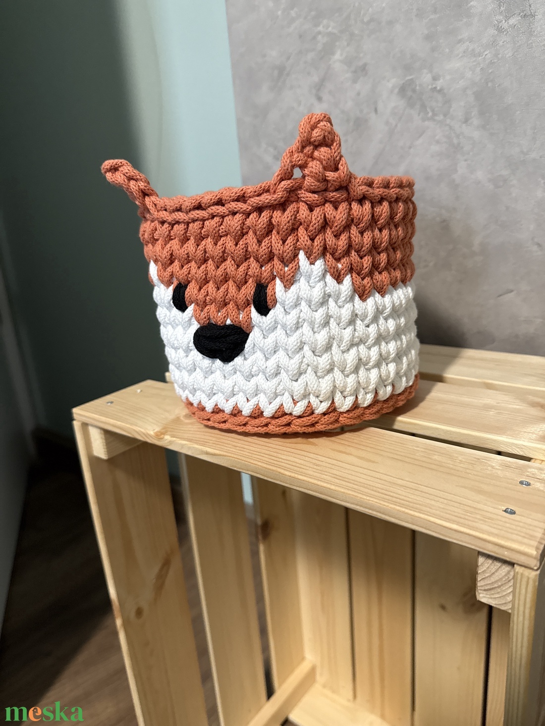 Horgolt rókás kos�r - baba - mama - babaszobabútor - játéktároló - Meska.hu