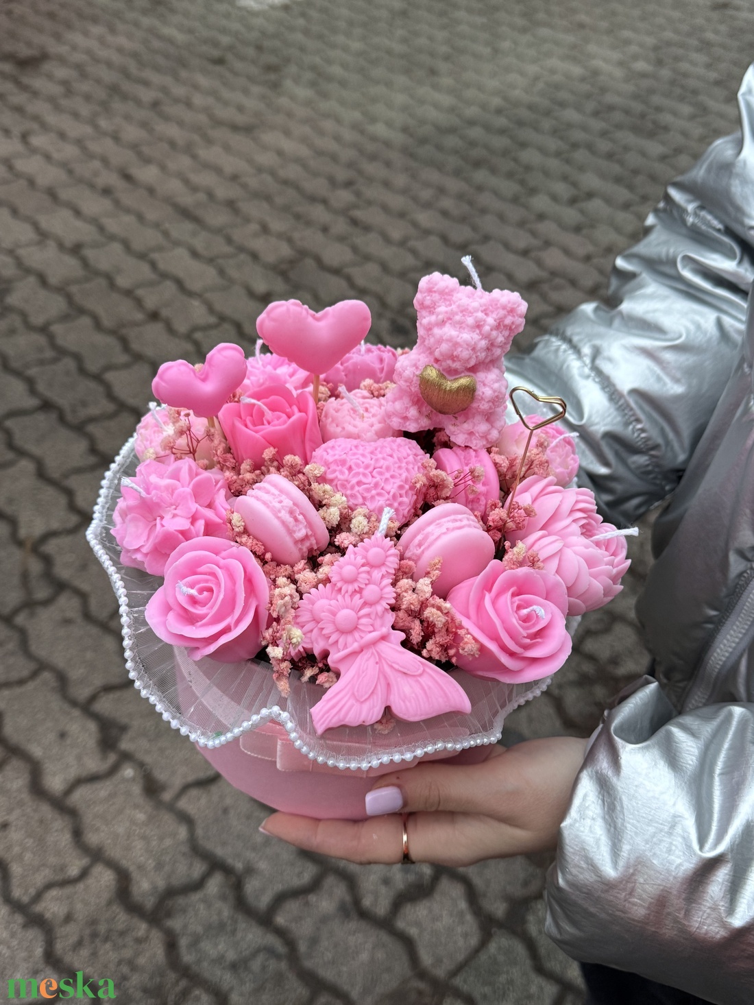  Rózsaszín macis gyertya virágbox  - otthon & életmód - gyertya, illat, aroma - gyertya - Meska.hu