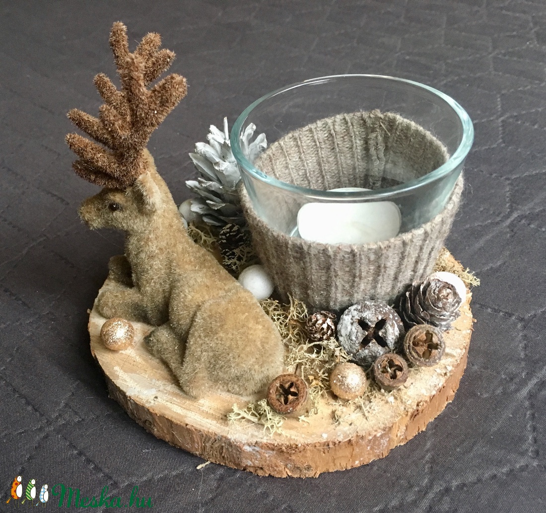 Téli fakorong dekoráció, szarvassal - karácsony - karácsonyi lakásdekoráció - Meska.hu