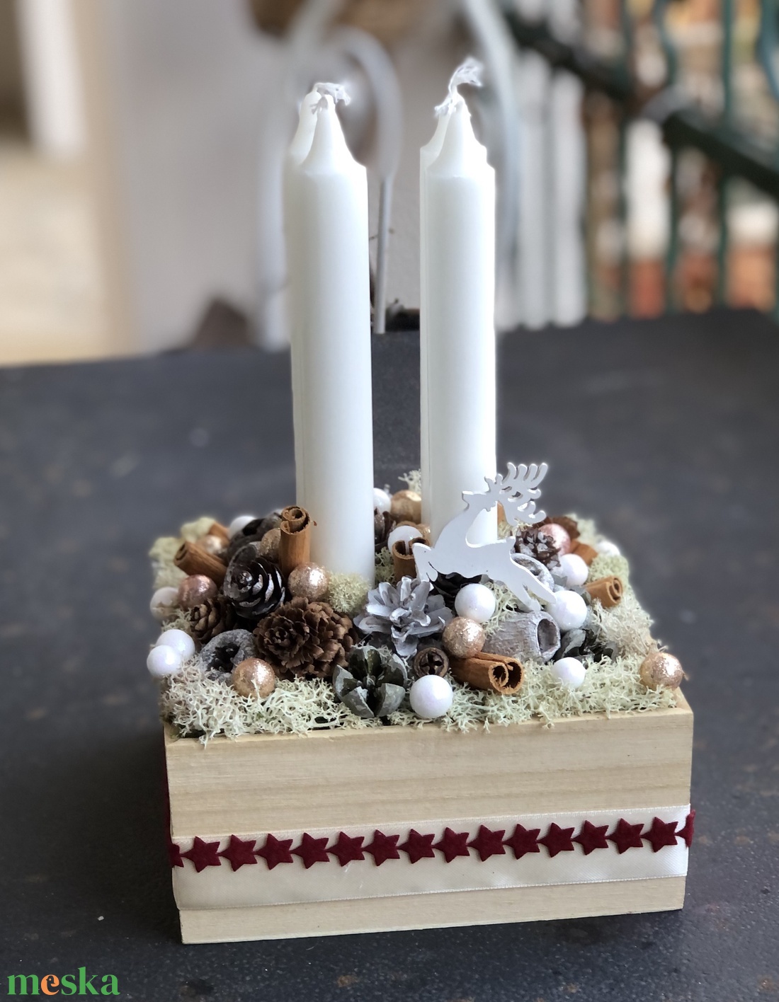 Adventi asztaldísz fadobozban - otthon & életmód - dekoráció - asztal és polc dekoráció - asztaldísz - Meska.hu