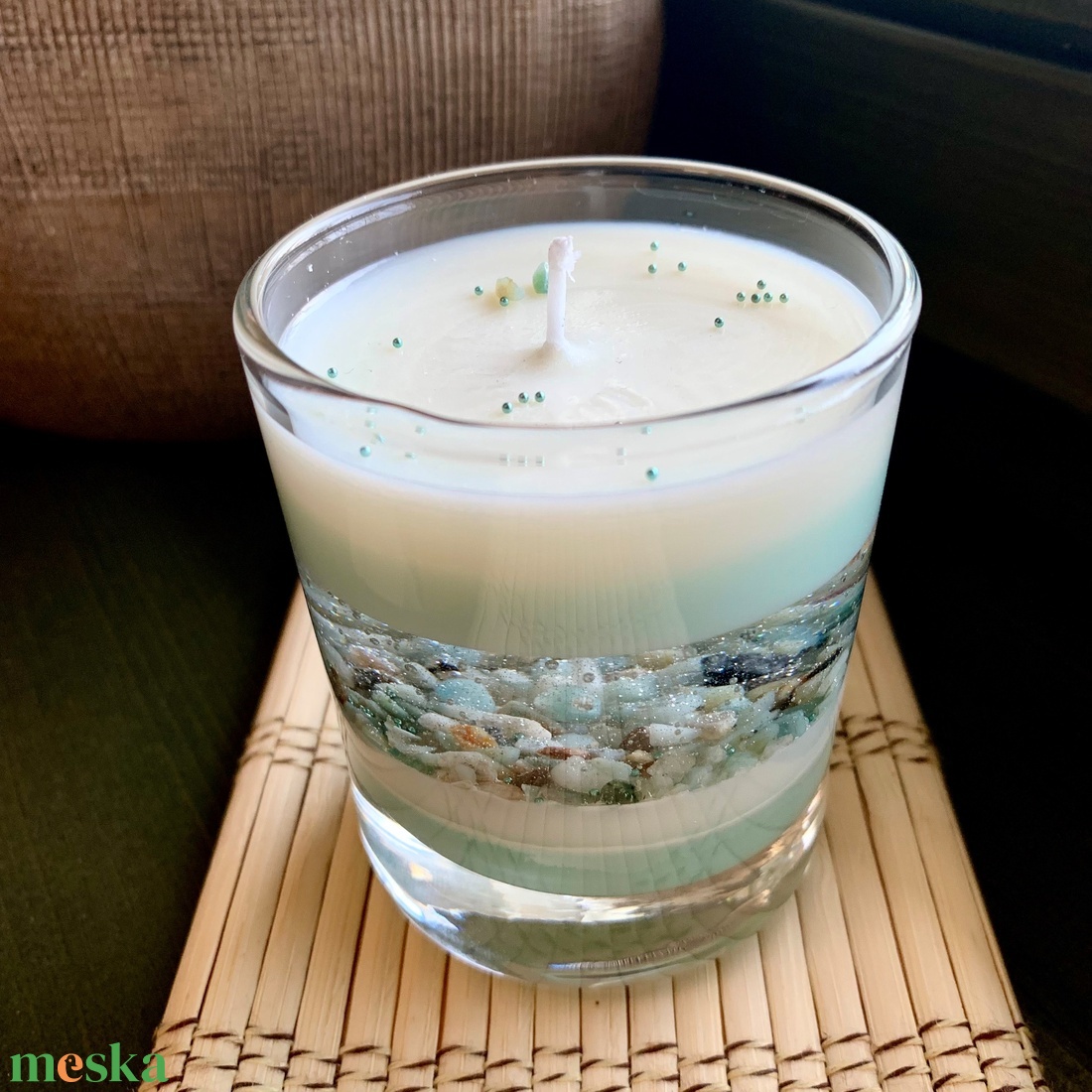 Fenyő illatú gyertya aventurin ásvánnyal - otthon & életmód - gyertya, illat, aroma - gyertya - Meska.hu