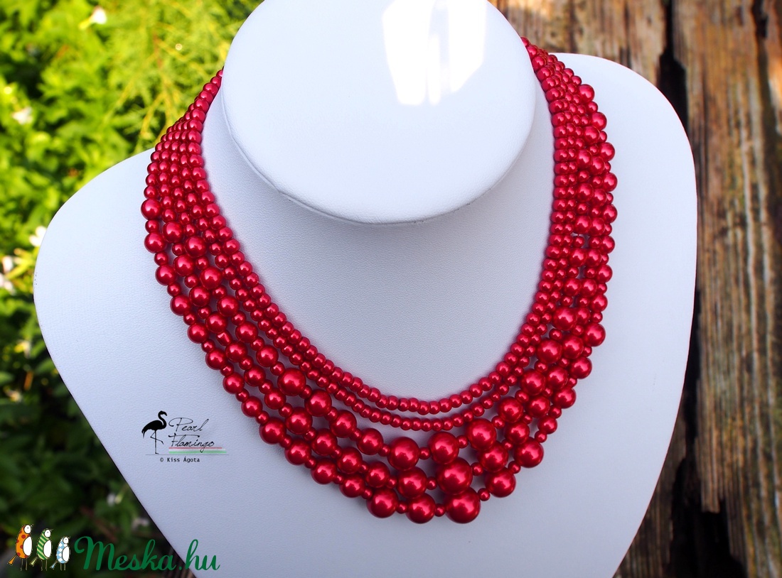 5 soros bordó üveg gyöngy nyaklánc, kaláris -  - Meska.hu