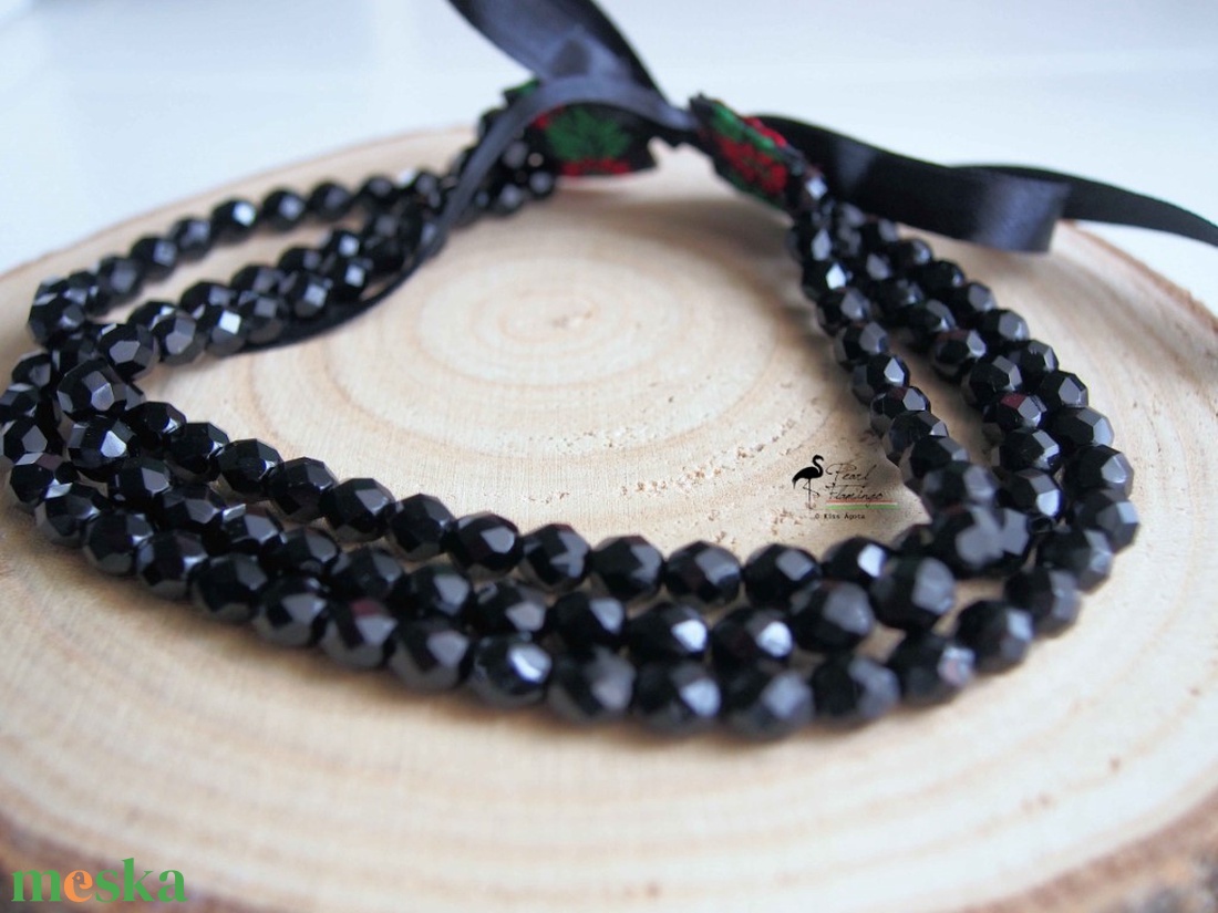 3 soros telt fekete ÜVEG gyöngy kaláris, Készen - ékszer - nyaklánc - többsoros nyaklánc - Meska.hu