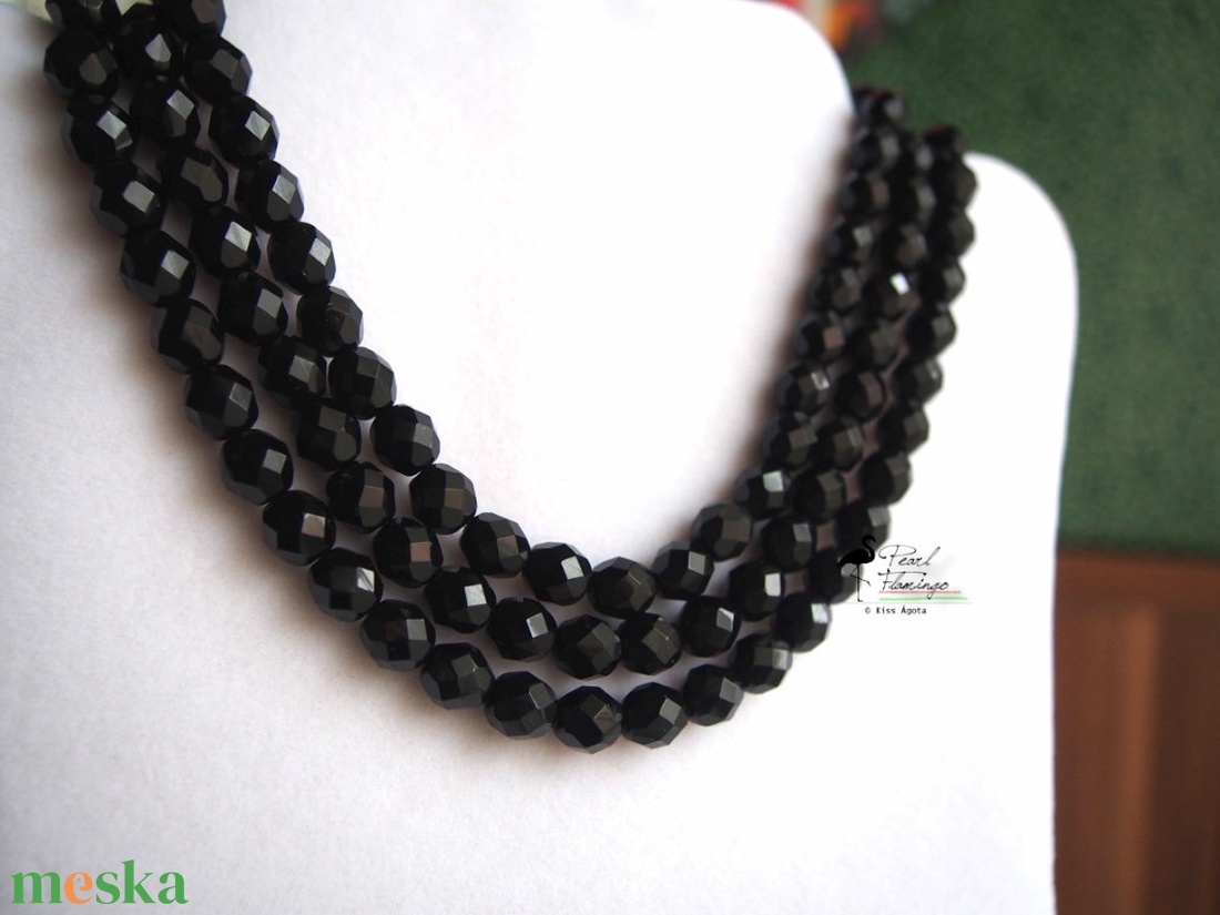 3 soros telt fekete ÜVEG gyöngy kaláris, Készen - ékszer - nyaklánc - többsoros nyaklánc - Meska.hu