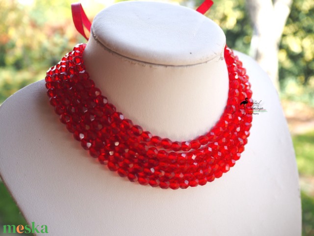 5 soros piros üveg gyöngy kaláris KÉSZEN - ékszer - nyaklánc - gyöngyös nyaklánc - Meska.hu
