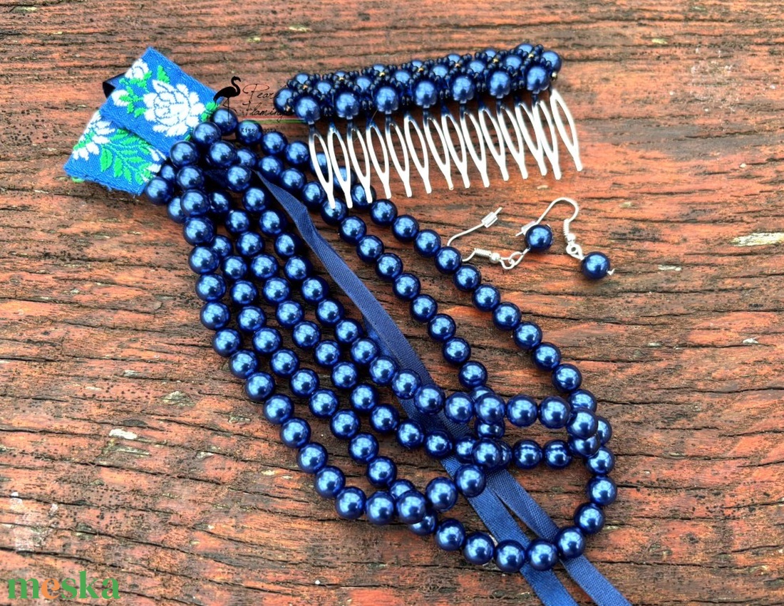 Kék tekla kaláris ajándék szett, 3 soros hozzá illő kontytűvel és fülbevalóval - KÉSZEN - ékszer - nyaklánc - párhuzamos nyaklánc - Meska.hu