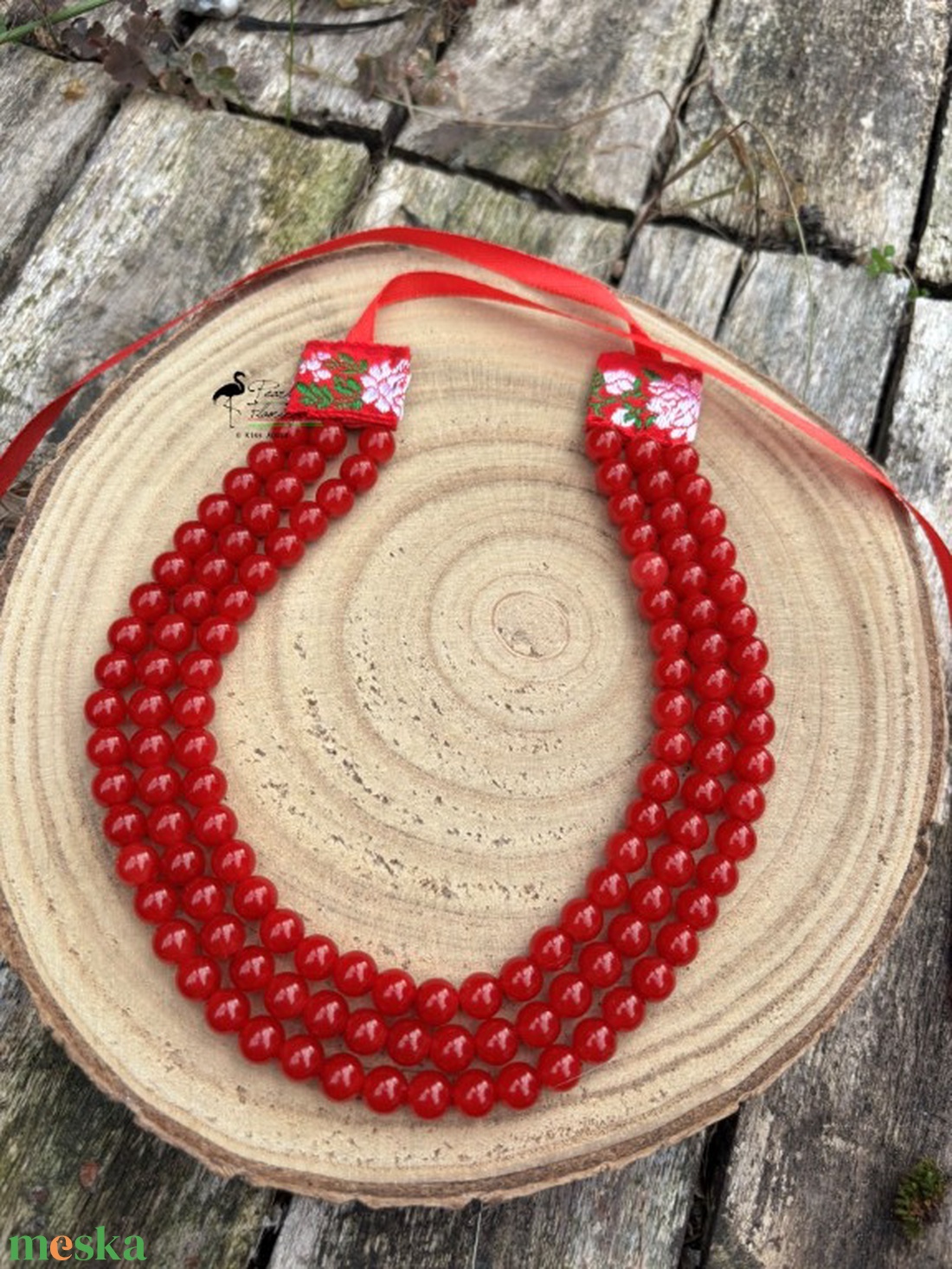 Piros tekla kaláris - 3 soros   KÉSZEN - ékszer - nyaklánc - párhuzamos nyaklánc - Meska.hu