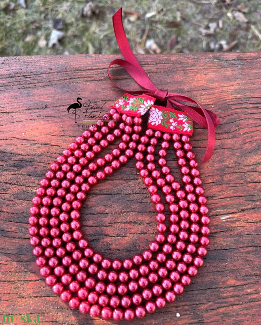 5 soros bordó tekla gyöngyös kaláris  - ékszer - nyaklánc - gyöngyös nyaklánc - Meska.hu