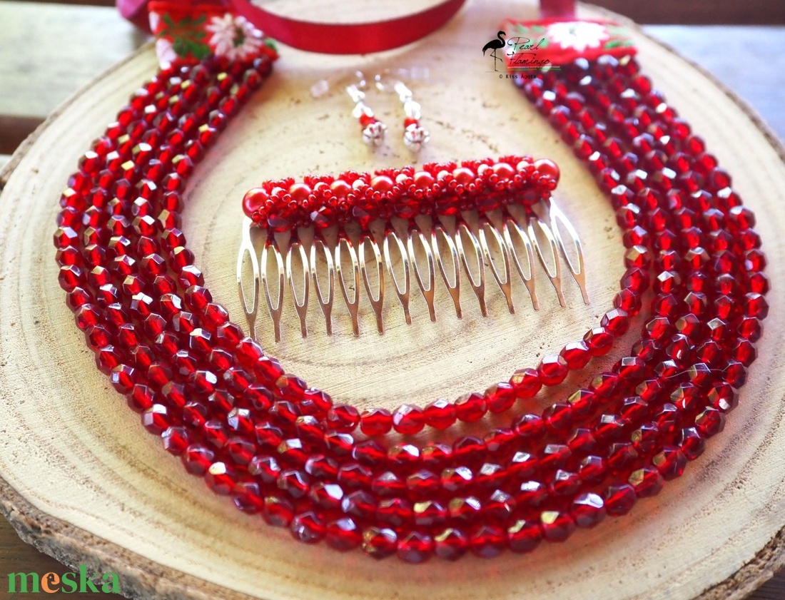 5 soros bordó ÜVEG gyöngy kaláris szett KÉSZEN - ékszer - nyaklánc - többsoros nyaklánc - Meska.hu
