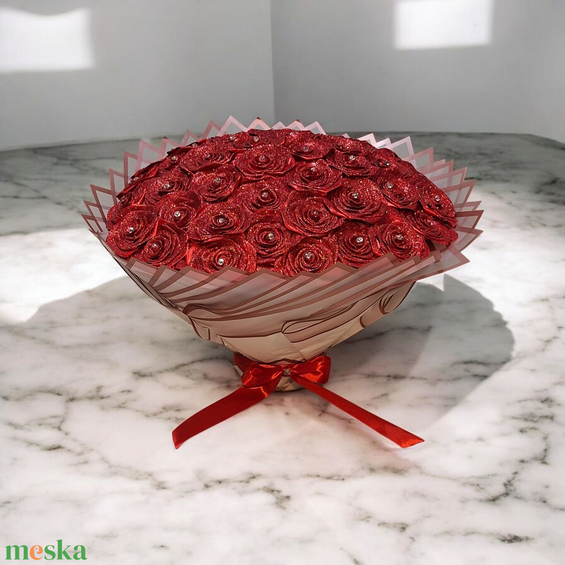 Csillogó piros örök rózsa csokor - 45 szálas - otthon & életmód - dekoráció - virágdísz és tartó - csokor & virágdísz - Meska.hu