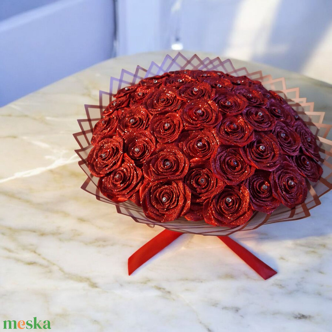 Csillogó piros örök rózsa csokor - 45 szálas - otthon & életmód - dekoráció - virágdísz és tartó - csokor & virágdísz - Meska.hu