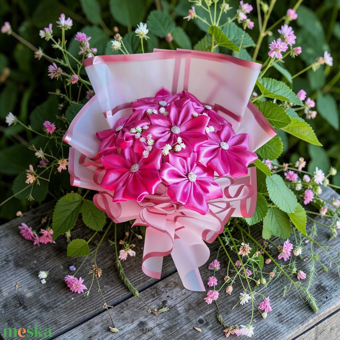 Rózsaszín pluméria szatén csokor (7 szál) � kézműves örökcsokor Anyák napjára, ballagásra - otthon & életmód - virágdekoráció - virágok - virágcsokor - Meska.hu