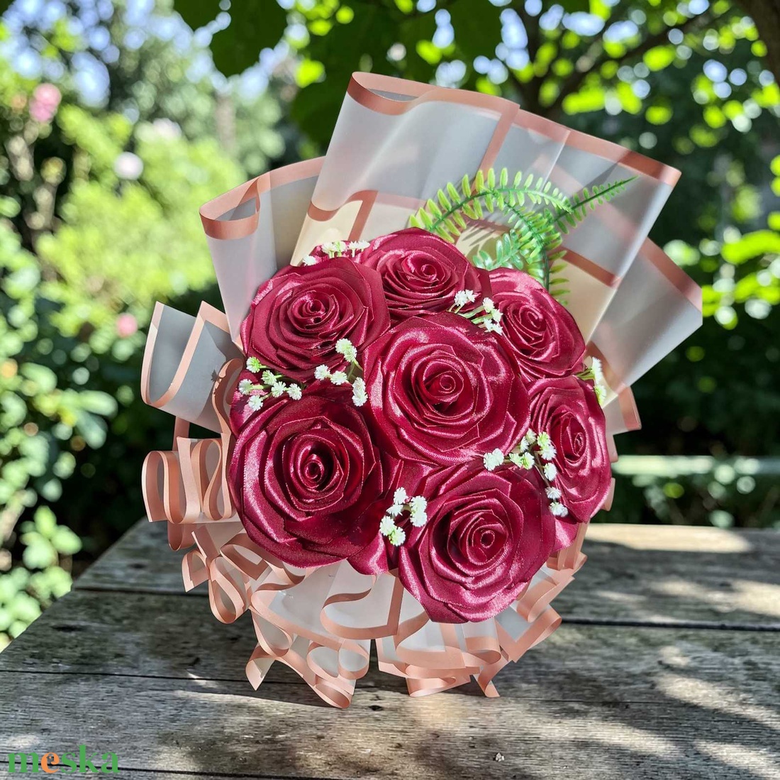 Elegáns bordó rózsacsokor � 7 szálas kézműves virágcsokor ballagásra vagy Anyák napjára - otthon & életmód - virágdekoráció - virágok - virágcsokor - Meska.hu