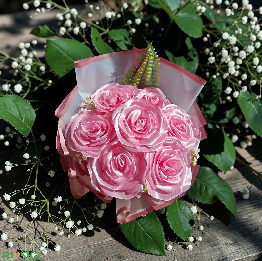 7 szálas rózsaszín szatén rózsacsokor � romantikus ajándék - otthon & életmód - virágdekoráció - virágok - virágcsokor - Meska.hu