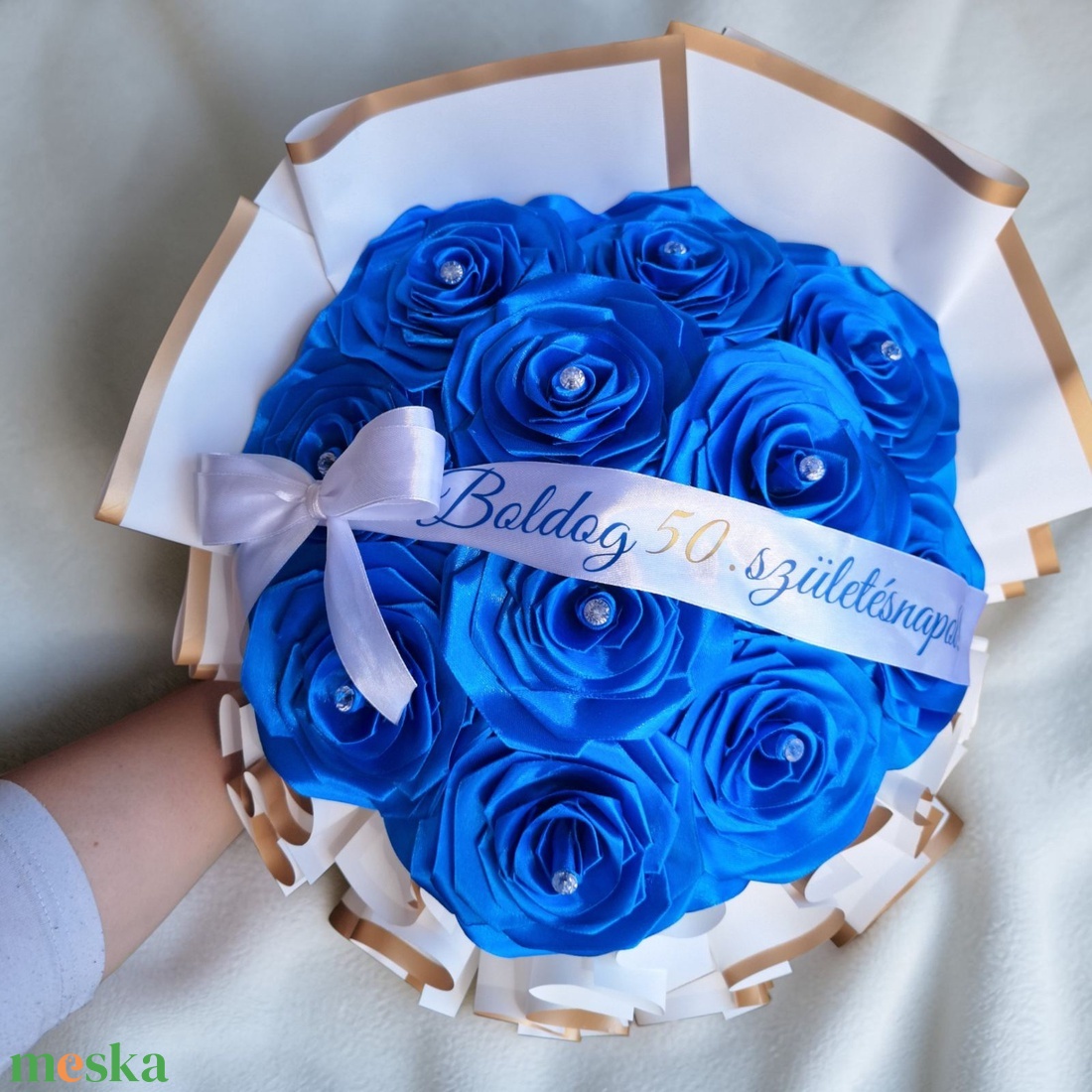 Királykék örökrózsa csokor egyedi felirattal � szatén rózsacsokor, születésnapi ajándék, örök virágcsokor - otthon & életmód - virágdekoráció - virágok - virágcsokor - Meska.hu