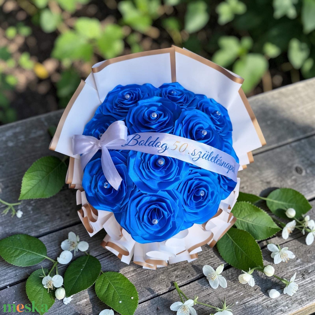 Királykék örökrózsa csokor egyedi felirattal � szatén rózsacsokor, születésnapi ajándék, örök virágcsokor - otthon & életmód - virágdekoráció - virágok - virágcsokor - Meska.hu