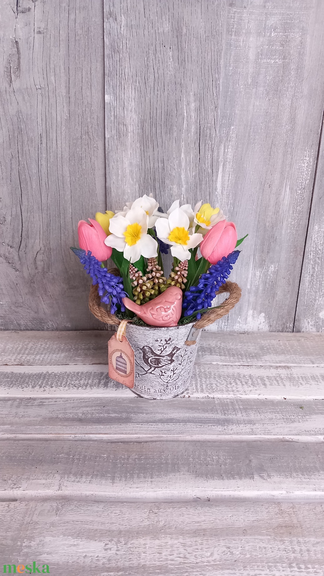  Vintage Tavaszi Kismadár  - Tavaszi Asztaldísz/Virágos Asztaldísz/Köszöntő Virágdísz - otthon & életmód - dekoráció - asztal és polc dekoráció - asztaldísz - Meska.hu