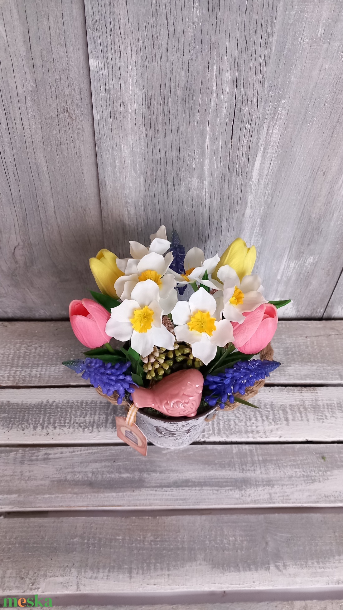  Vintage Tavaszi Kismadár  - Tavaszi Asztaldísz/Virágos Asztaldísz/Köszöntő Virágdísz - otthon & életmód - dekoráció - asztal és polc dekoráció - asztaldísz - Meska.hu