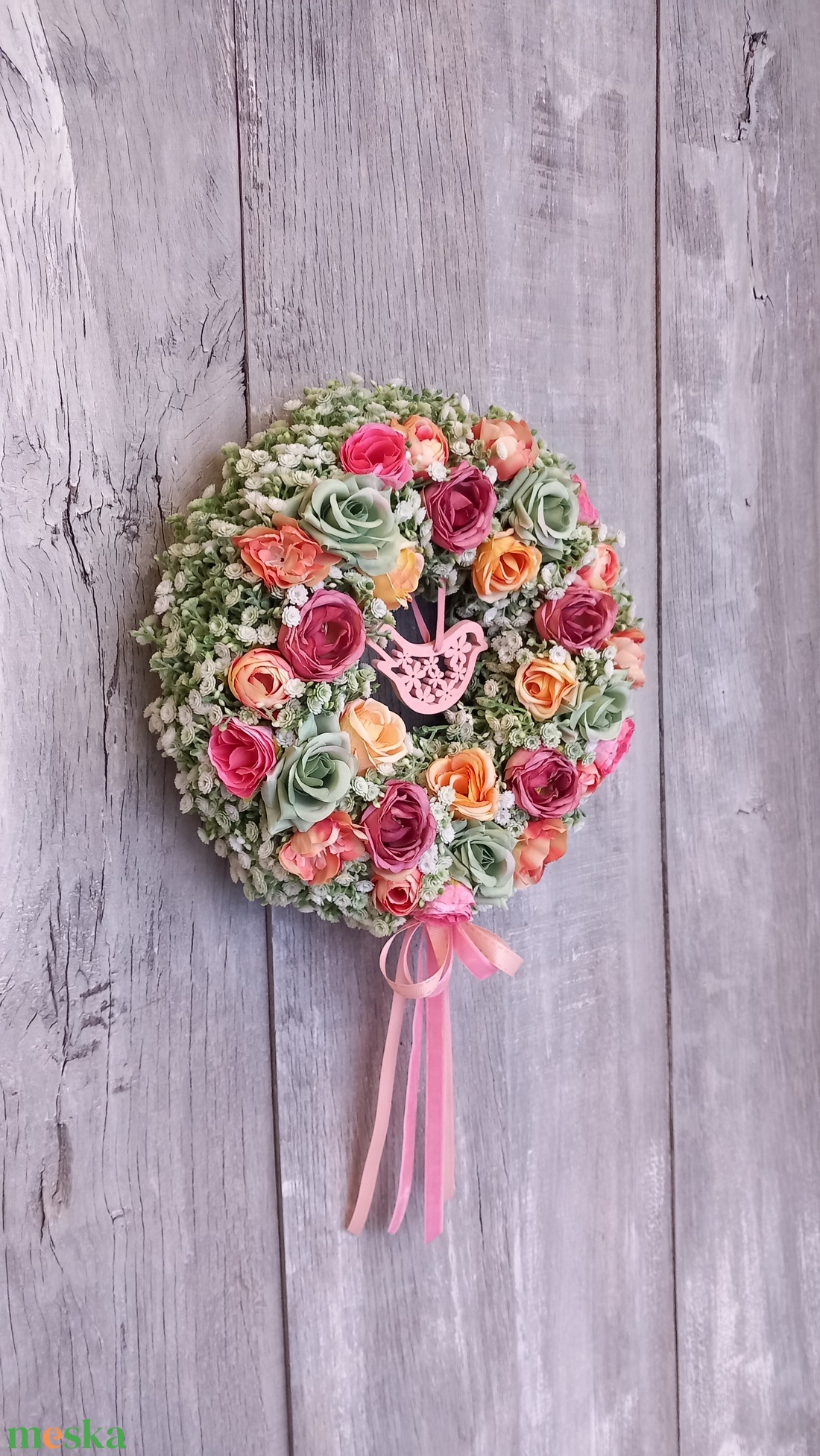 Rózsamadár- Virágos Kopogtató/ Tavaszi Kopogtató /Nyári Ajtódísz/Ajtódísz /Falidísz/Koszorú - otthon & életmód - dekoráció - ajtó- és ablak dekoráció - ajtódísz & kopogtató - Meska.hu