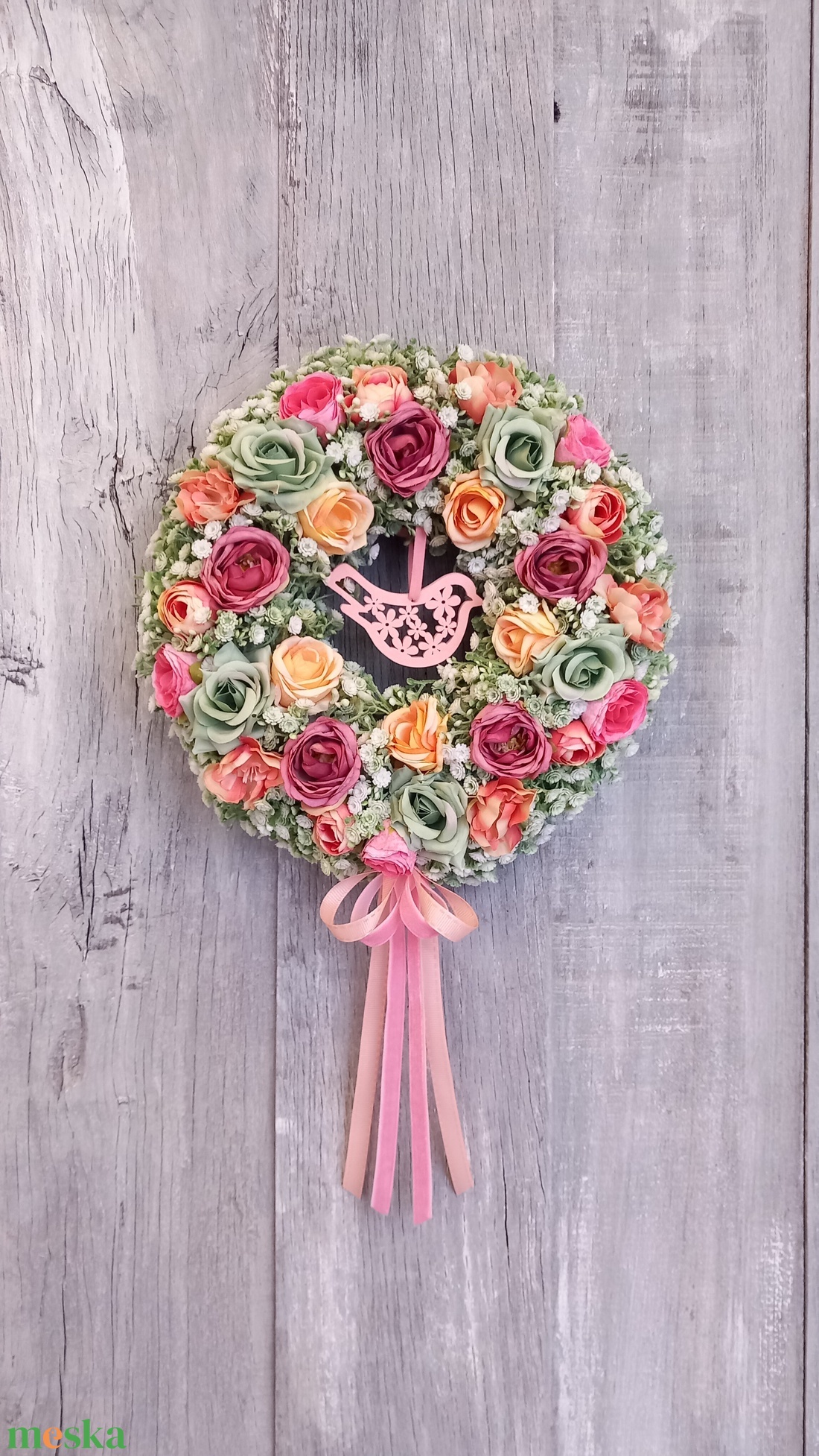 Rózsamadár- Virágos Kopogtató/ Tavaszi Kopogtató /Nyári Ajtódísz/Ajtódísz /Falidísz/Koszorú - otthon & életmód - dekoráció - ajtó- és ablak dekoráció - ajtódísz & kopogtató - Meska.hu