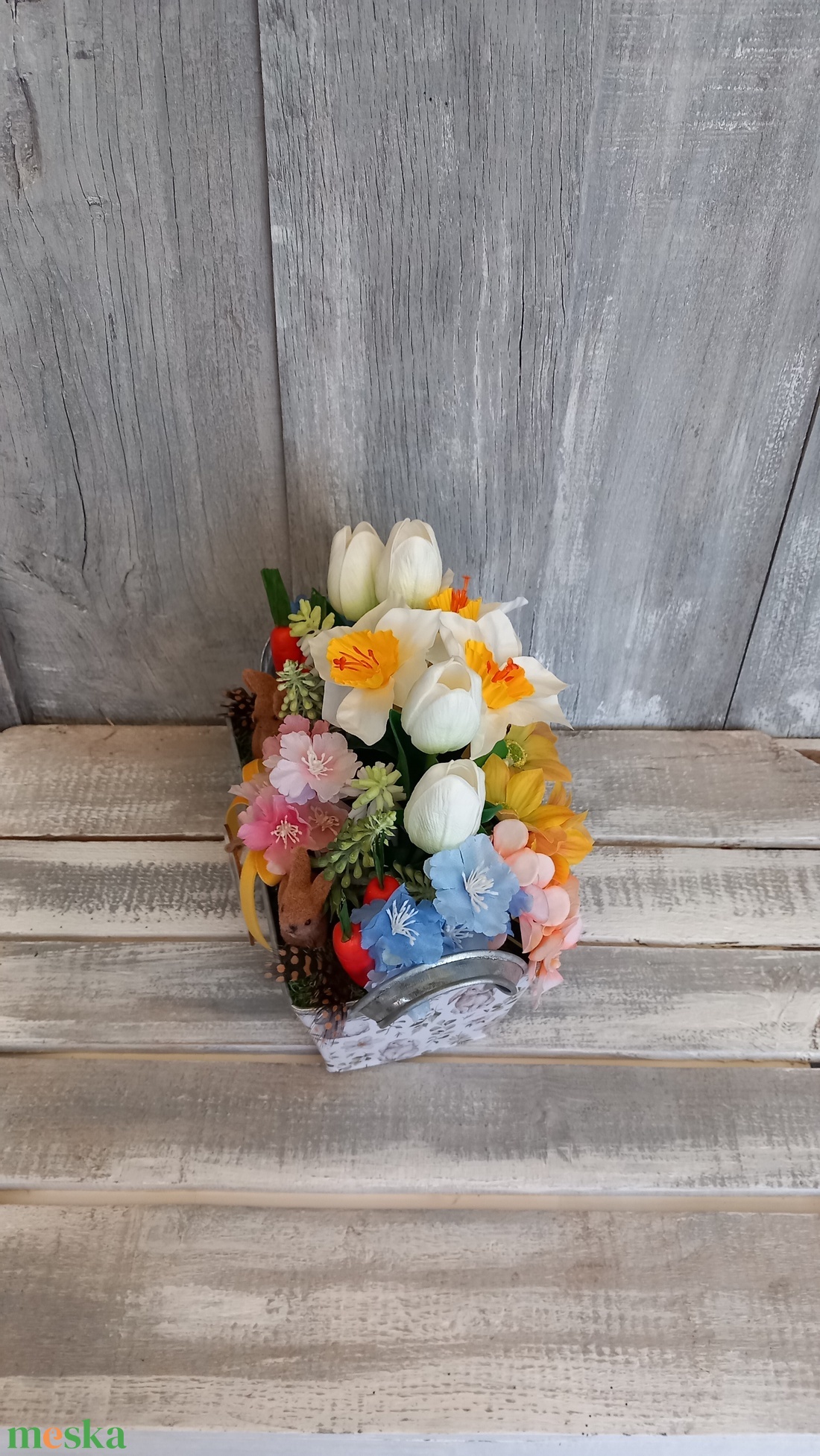 Nyuszikák Virágoskertje  - Húsvéti Asztaldísz/Tavaszi Asztaldísz/Asztaldísz/Virágos Asztaldísz - otthon & életmód - virágdekoráció - virágdíszek - virágdísz kaspóban - Meska.hu