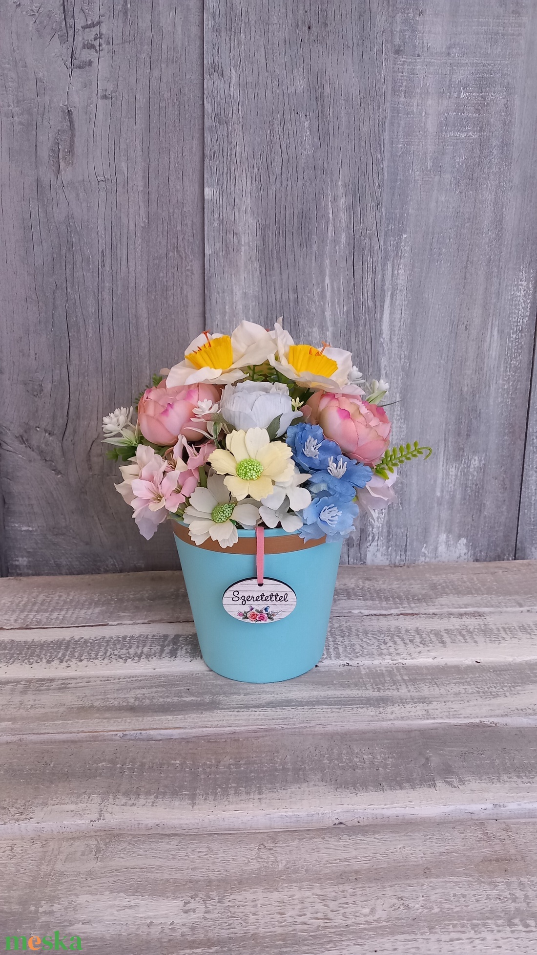  TürkizTavasz  - Tavaszi Asztaldísz/Virágos Asztaldísz/Köszöntő Virágdísz/Asztaldísz/Virágdísz - otthon & életmód - virágdekoráció - virágdíszek - virágdísz kaspóban - Meska.hu