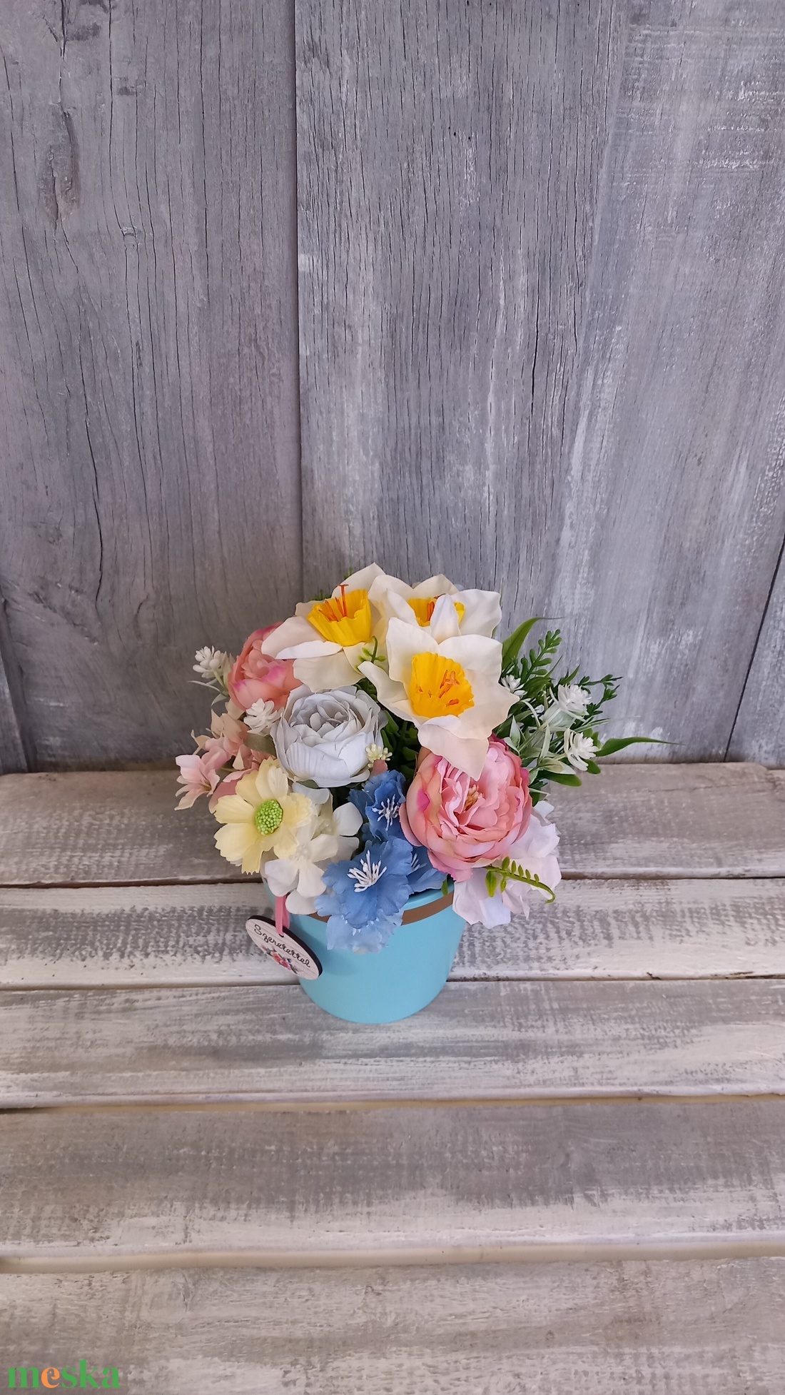  TürkizTavasz  - Tavaszi Asztaldísz/Virágos Asztaldísz/Köszöntő Virágdísz/Asztaldísz/Virágdísz - otthon & életmód - virágdekoráció - virágdíszek - virágdísz kaspóban - Meska.hu