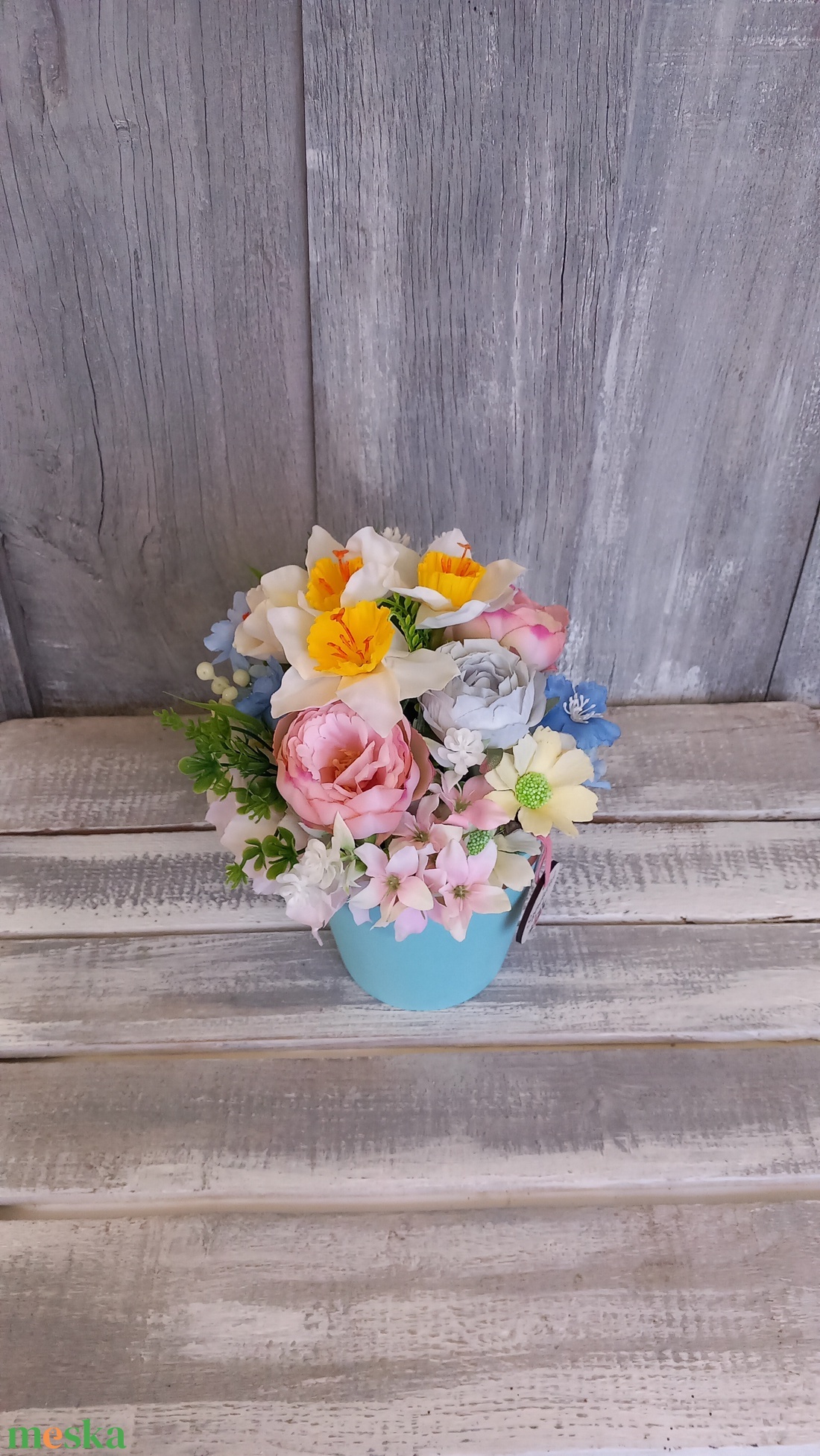  TürkizTavasz  - Tavaszi Asztaldísz/Virágos Asztaldísz/Köszöntő Virágdísz/Asztaldísz/Virágdísz - otthon & életmód - virágdekoráció - virágdíszek - virágdísz kaspóban - Meska.hu