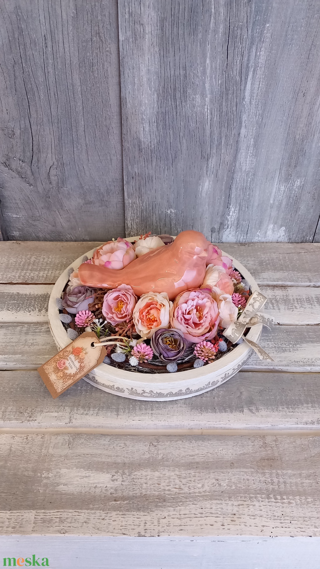  Kismadár Virágfészekben  - Tavaszi Asztaldísz/Virágos Asztaldísz/Köszöntő Virágdísz/Asztaldísz/Vintage Virágdísz - otthon & életmód - virágdekoráció - virágdíszek - virágdísz kaspóban - Meska.hu