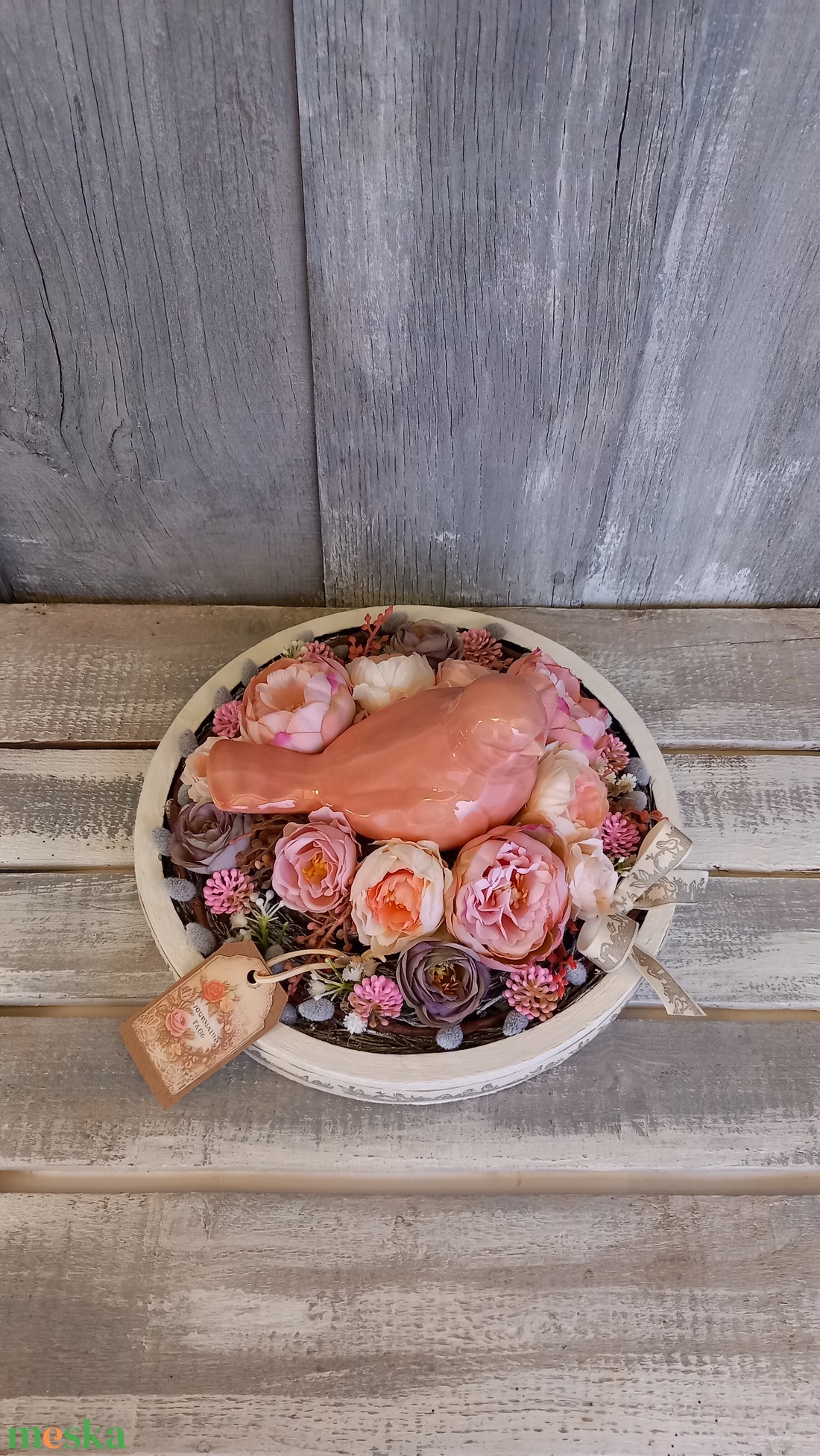  Kismadár Virágfészekben  - Tavaszi Asztaldísz/Virágos Asztaldísz/Köszöntő Virágdísz/Asztaldísz/Vintage Virágdísz - otthon & életmód - virágdekoráció - virágdíszek - virágdísz kaspóban - Meska.hu