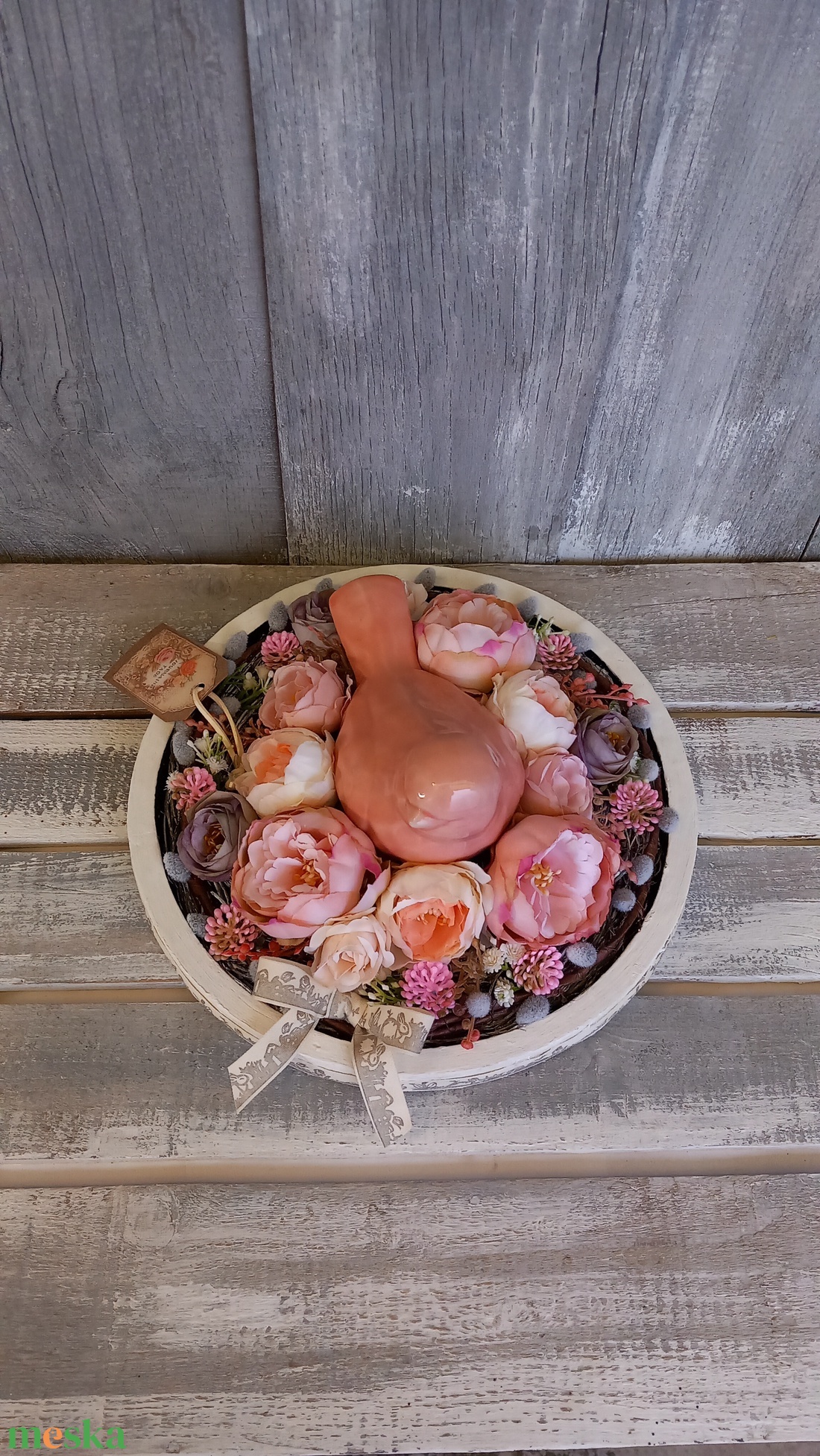  Kismadár Virágfészekben  - Tavaszi Asztaldísz/Virágos Asztaldísz/Köszöntő Virágdísz/Asztaldísz/Vintage Virágdísz - otthon & életmód - virágdekoráció - virágdíszek - virágdísz kaspóban - Meska.hu