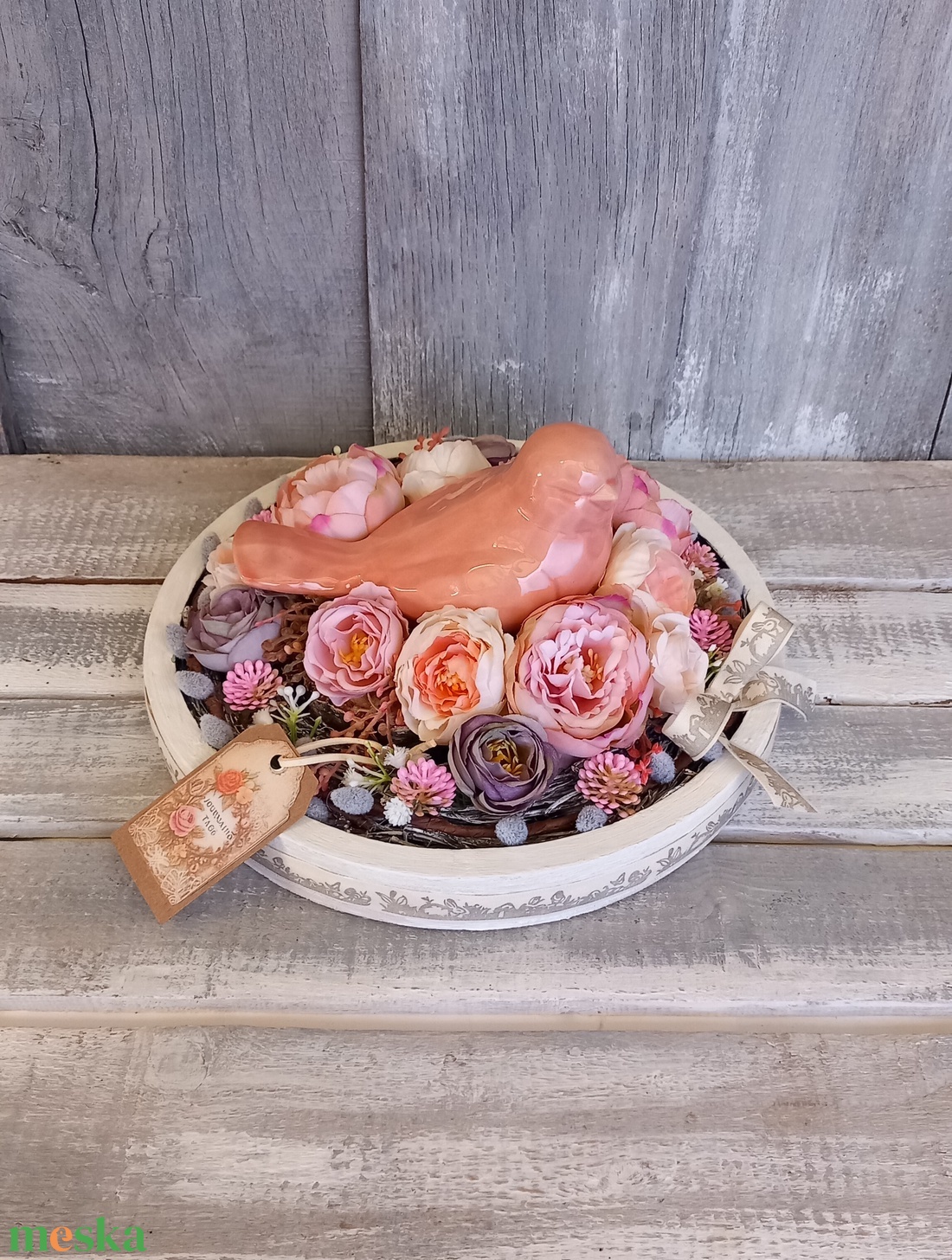  Kismadár Virágfészekben  - Tavaszi Asztaldísz/Virágos Asztaldísz/Köszöntő Virágdísz/Asztaldísz/Vintage Virágdísz - otthon & életmód - virágdekoráció - virágdíszek - asztali virágdísz - Meska.hu