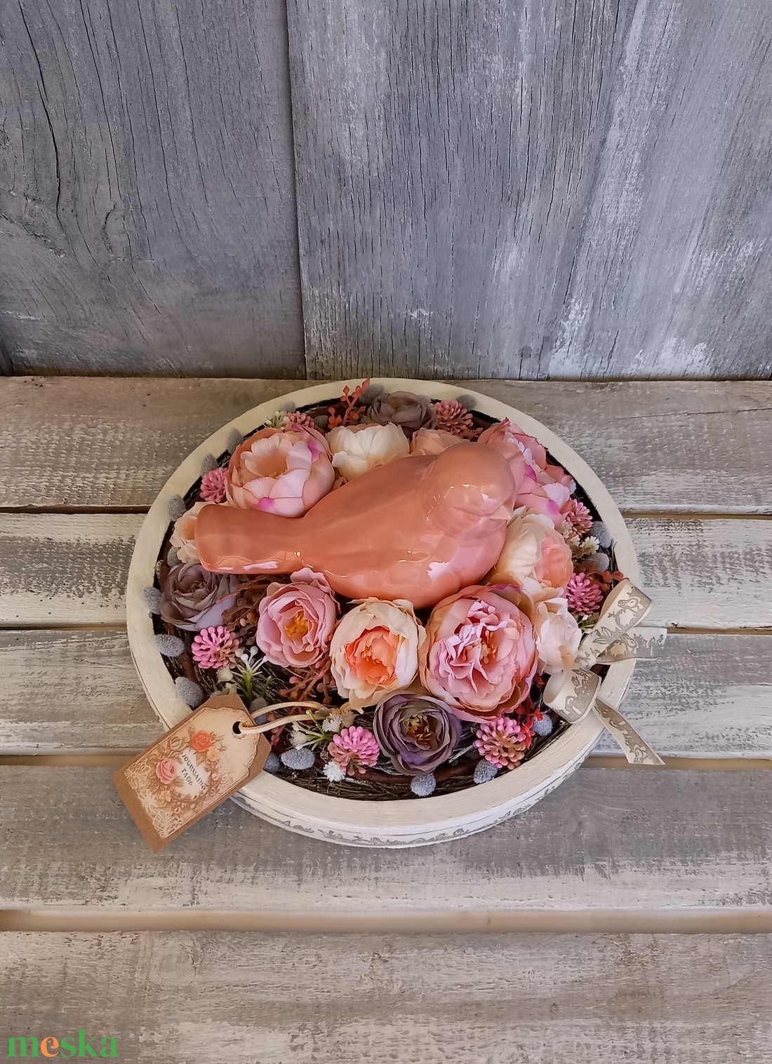  Kismadár Virágfészekben  - Tavaszi Asztaldísz/Virágos Asztaldísz/Köszöntő Virágdísz/Asztaldísz/Vintage Virágdísz - otthon & életmód - virágdekoráció - virágdíszek - asztali virágdísz - Meska.hu