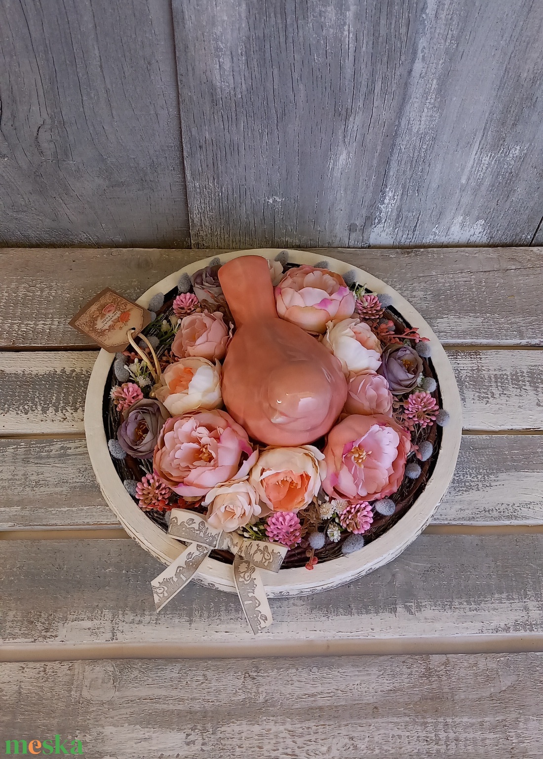 Kismadár Virágfészekben  - Tavaszi Asztaldísz/Virágos Asztaldísz/Köszöntő Virágdísz/Asztaldísz/Vintage Virágdísz - otthon & életmód - virágdekoráció - virágdíszek - asztali virágdísz - Meska.hu