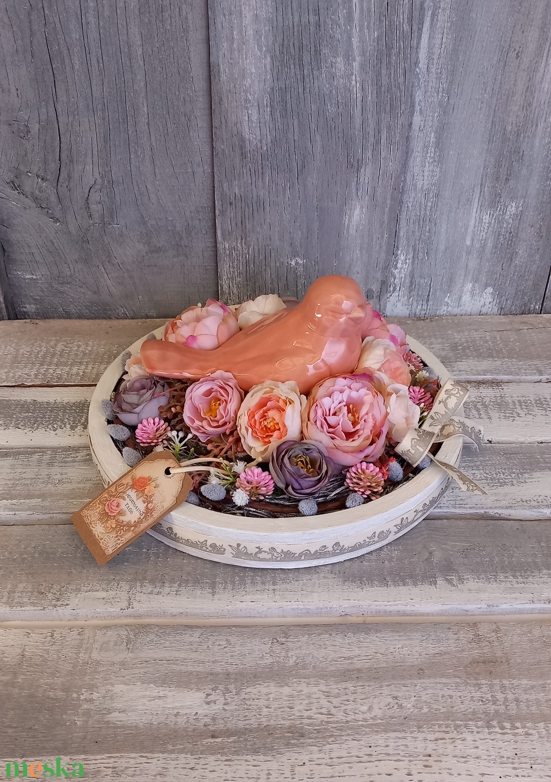  Kismadár Virágfészekben  - Tavaszi Asztaldísz/Virágos Asztaldísz/Köszöntő Virágdísz/Asztaldísz/Vintage Virágdísz - otthon & életmód - virágdekoráció - virágdíszek - asztali virágdísz - Meska.hu