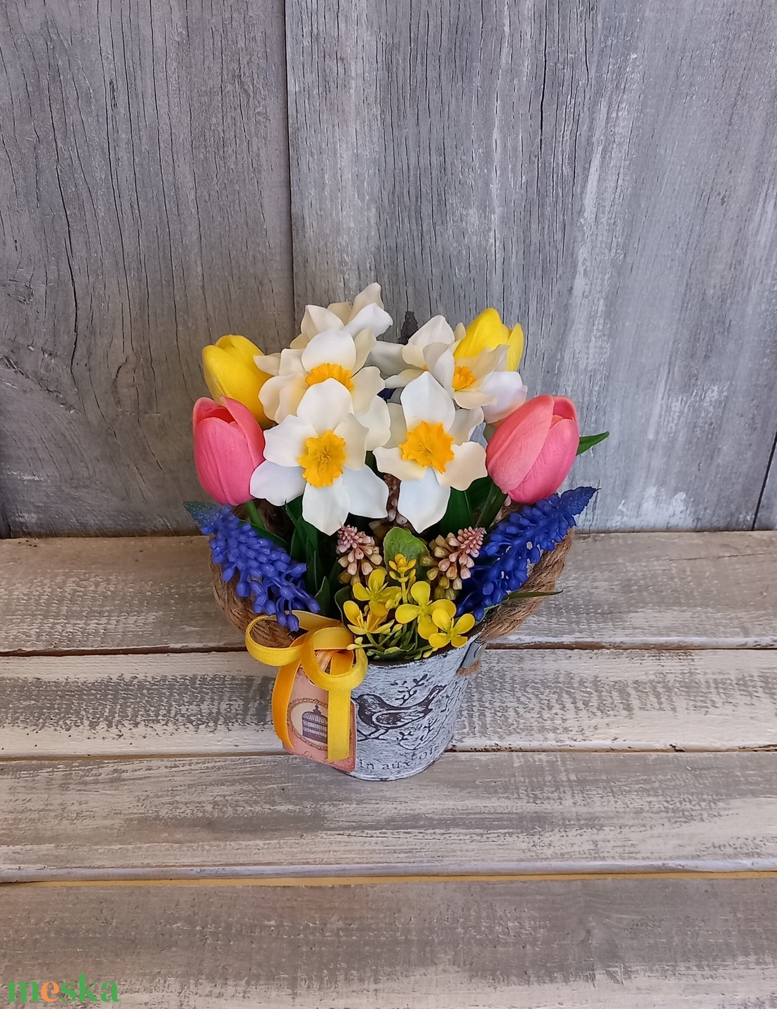  Vintage Tavasz - Tavaszi Asztaldísz/Virágos Asztaldísz/Köszöntő Virágdísz - otthon & életmód - virágdekoráció - virágdíszek - virágdísz kaspóban - Meska.hu