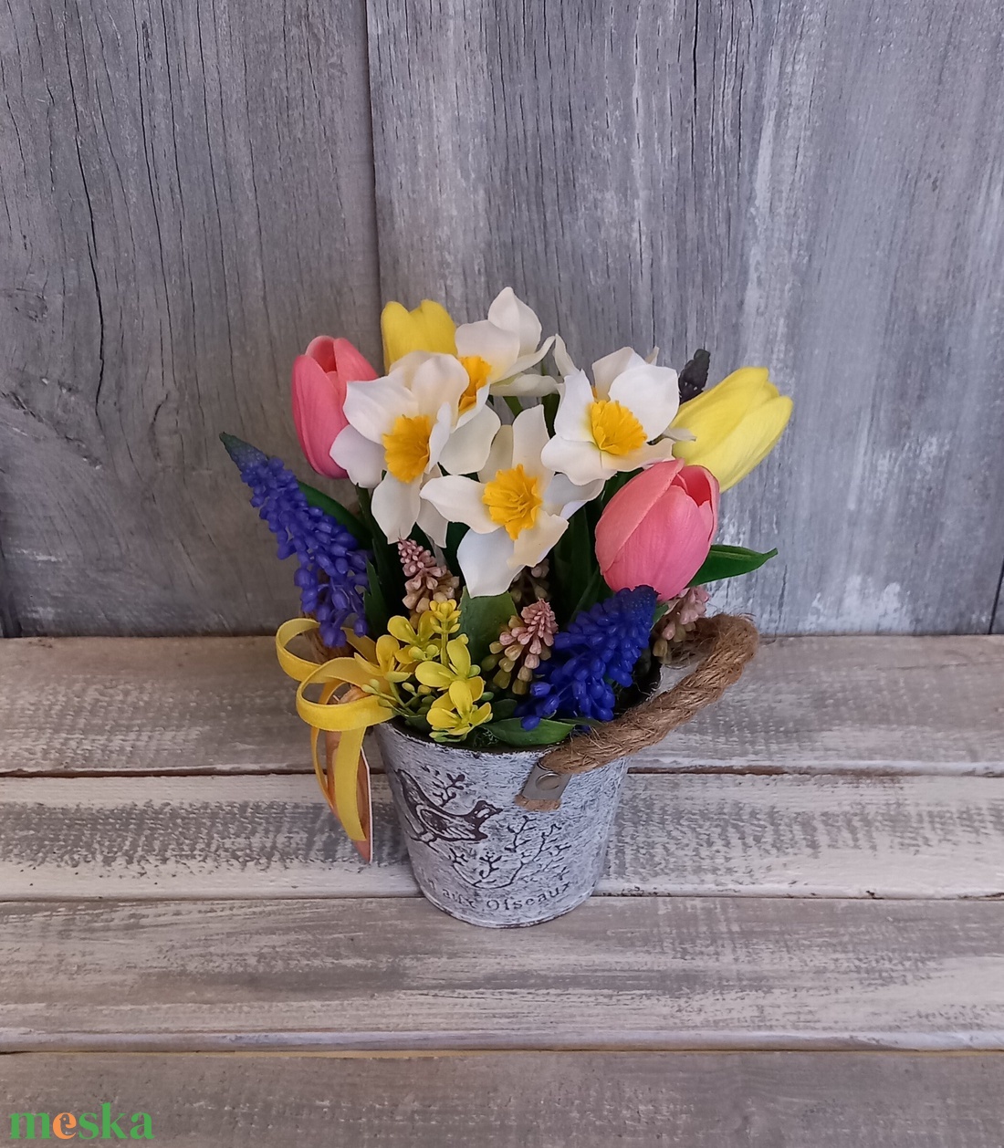  Vintage Tavasz - Tavaszi Asztaldísz/Virágos Asztaldísz/Köszöntő Virágdísz - otthon & életmód - virágdekoráció - virágdíszek - virágdísz kaspóban - Meska.hu