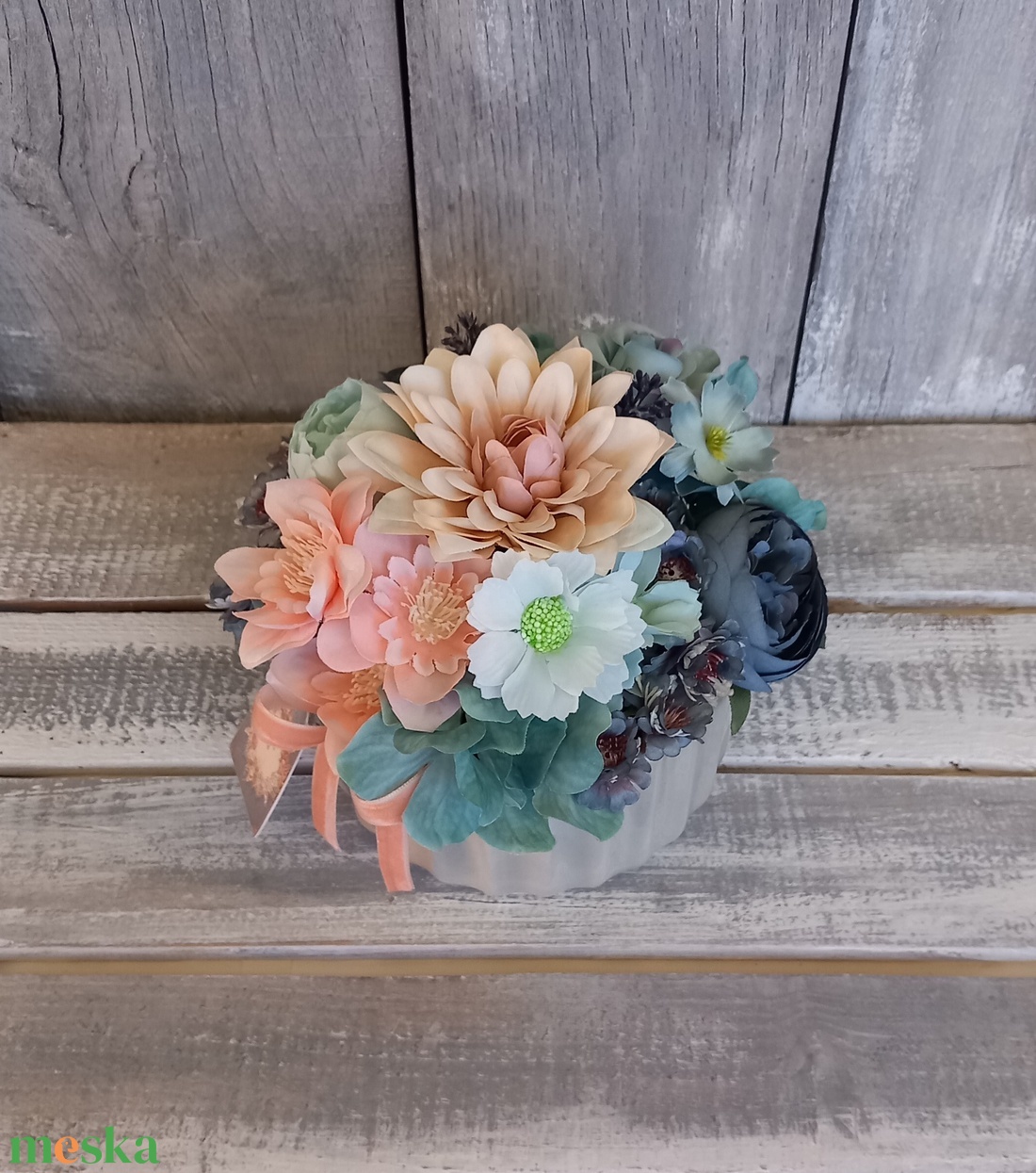 Vintage Kékség - Anyák-napi Asztaldísz/Tavaszi Asztaldísz/Virágos Asztaldísz/Köszöntő Asztaldísz - otthon & életmód - virágdekoráció - virágdíszek - virágdísz kaspóban - Meska.hu